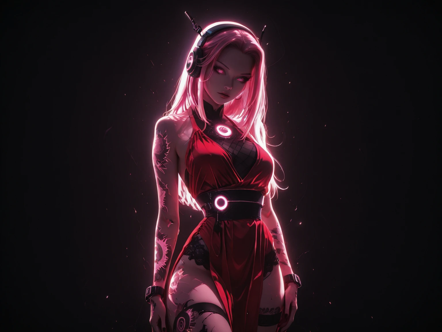 garota de anime, mostrando corpo inteiro, pernas, lolita, sensual, bebendo algo, Capa do álbum Anime Phonk Brain Sick, musica, ondas sonoras, com cores vermelho e preto neon