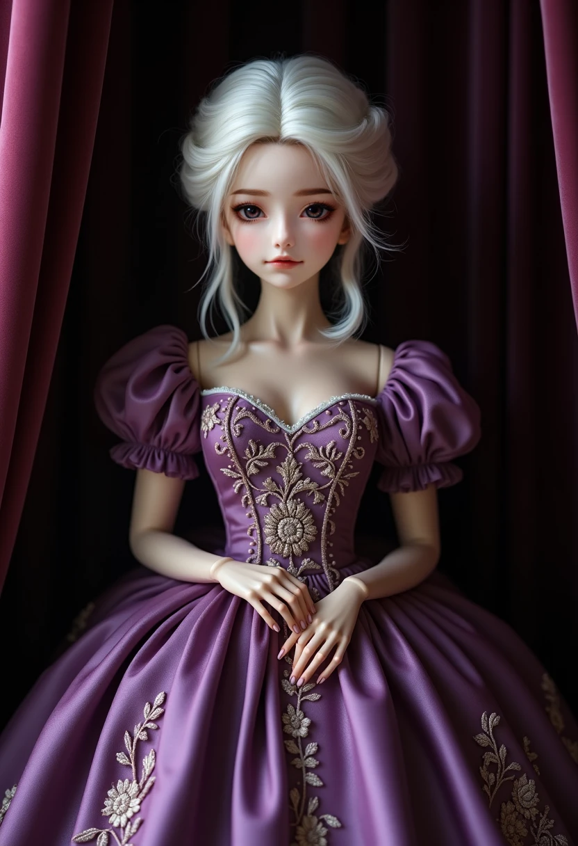 1 girl, full body shot (1.3),close up face shot (1.3), face shot, corridor,Soft Light, Targaryen Beauty,dress,Light-haired,long hair,
 white background, gorgeous Targaryen girl, with thick and long wavy the palest of golden glossy hair, big and large round shaped dark purple like plums bright eyes, long and thick curly golden eyelashes, button upturned nose, high nose bridge, fullest and plumpest pouty red luscious lips, oval face shape, shorter face, shorter chin, tiny face size, pale milky white traslucent perfect skin, whitening skin, hourglass voluptuos shaped body, tiny and narrow waist, rounded hips, long and slender beautiful legs, big perfect brests (1.4), large breasts, bust size 84 cm, waist 57 cm, hips 86 cm, bra size 34 D, tall at 5’7, full body image, ((perfect body proportions)), ((large breasts 1.3)), realistic, photorealistic, ultradetailed, skin texture, hyperealismHigh Resolution, Closed Mouth, highly detailed, high resolution 8K, wearing a Targaryen inspired princess dress with intricate golden dragons dancing sewed on the purple-lilla dress dress highliting her horglass body, detailed jewlry, 18-years-old
