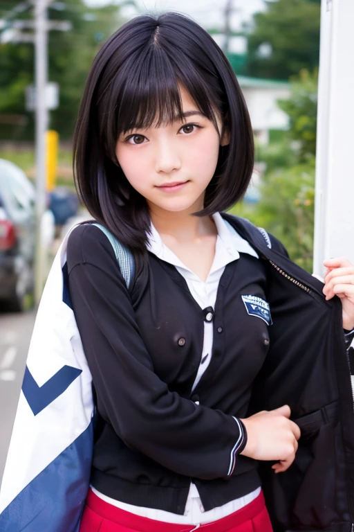 Photo of a 6-year-old Japanese girl 。The girl has jet black hair、With bangs、eyes are big and black。She is wearing a blue sailor suit、Features a white collar and red trim。The background is a natural roadside、She has a sweet look on her face as she looks at the camera、nude