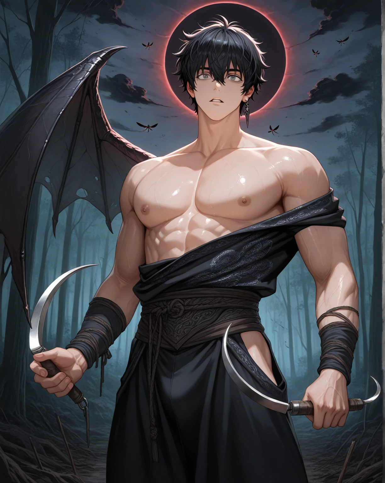 Huge muscles,((Huge erect penis)),Ashton,Robe,Two Dragons,紫のRobeに青いマント,Black Bandana,Her hair is chestnut brown and medium-long and straight.,Carrying a sword,,A crying face enduring pain,宝石の装飾がついたRobe留め