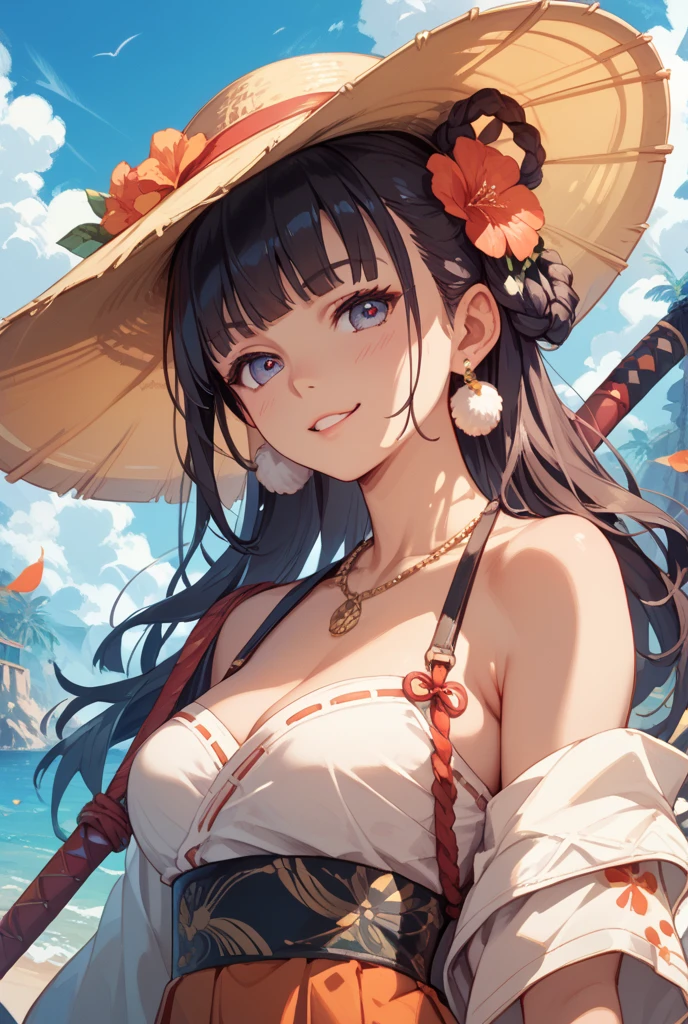 SFW, Obra maestra, En pie (Mujer 1), (((Pose linda)), (Vestido largo blanco), ojos amarillos, Pouder cabello azul, linda sonrisa, (Playa), viento, sonrojarse, sombrero de heno, tetas grandes, muslos gruesos