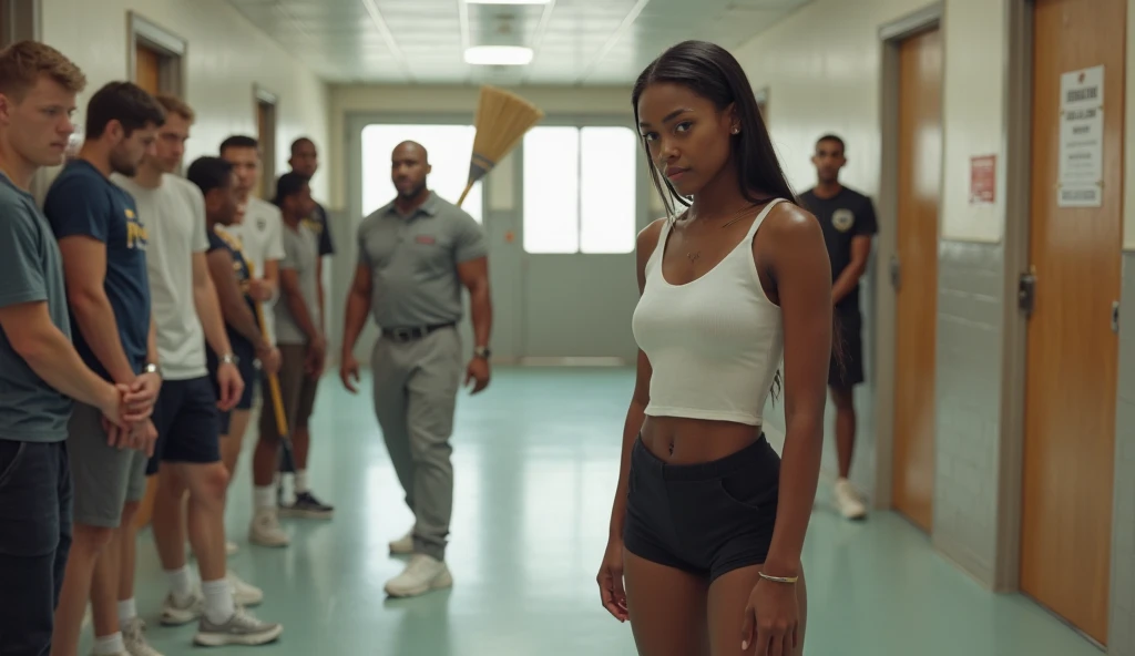 A couple in a bathroom with a mirror, a teenage woman with C cup breasts, a big butt, an ass tattoo of swords and long hair and Caucasian skin. A muscular black-skinned gym trainer man