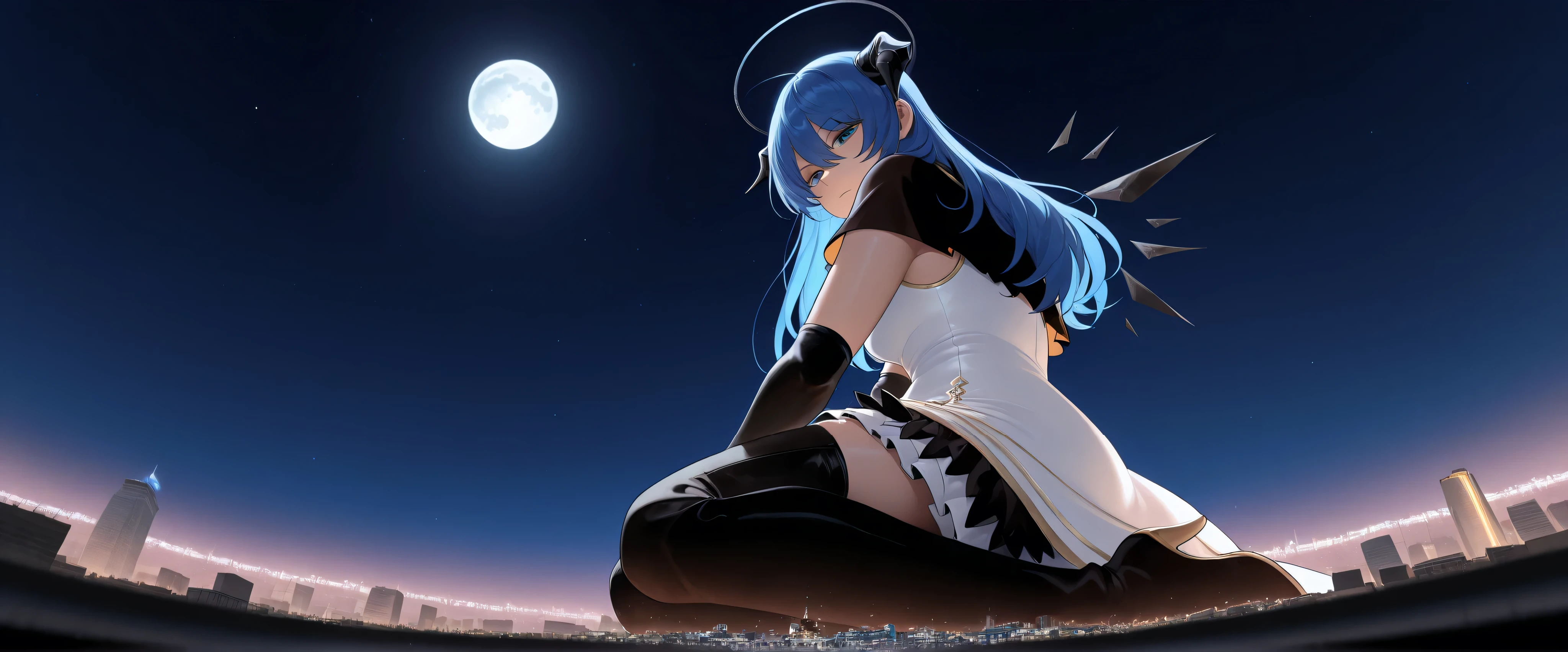 score_9_up, score_8_up, score_7_up, (face down:1.4), most1maspell, black wings, energy wings, detached wings, long hair, blue hair, hair between eyes, black horns, demon horns, black halo, blue eyes, black capelet, layered dress, white dress, black dress, black gloves, elbow gloves, partially fingerless gloves, black pants, thigh cutout, (giantess:1.4), microcity, 1girl, solo, collapsed city, Outdoors, Night Sky, moon, night, Dark Night, wariza, (from below:1.4), masterpiece, best quality, masterpiece, best quality