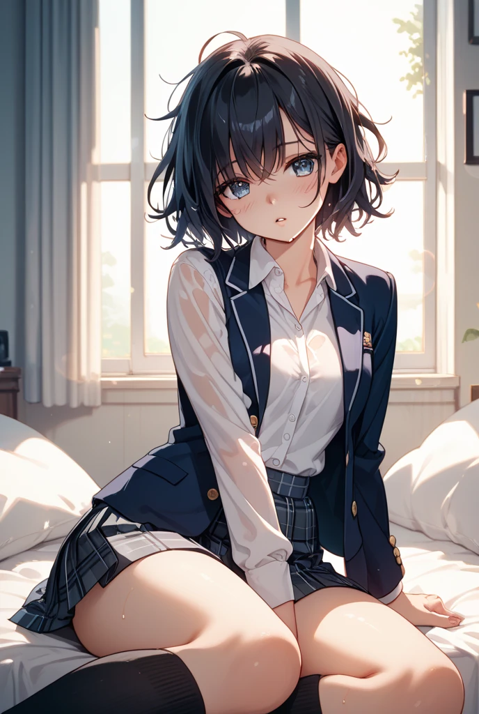 Takiinoue, Inoue Takina, Long hair, Bangs, Black hair, (Purple eyes:1.2), BREAK shirt, Long sleeves, Dress, bow ribbon, School uniform, White shirt, Collared shirt, Belt bag, Neck ribbon, Blue Dress, Green Ribbon, pleated dress, grey dress, Two-tone dresses, Blue belt, Lycoris Uniform, Best Quality, High resolution, Unity 8k壁纸, (Illustration:0.8), (Beautiful detailed eyes:1.6), extra detailed face, Perfect Lighting, extremely details CG, (Perfect hands, Perfect Anatomy),Full body from head to leg、full bodyesbian、Thin leg、、sitting down on the floor、Put on the floor、laying on back、opening legs、Inter-strands、Facing the front、Composition from below、M-shaped legs、Panchira、Inner thigh-sitting、Sitting on the floor with bent knees and legs open、Front-facing、Lower body facing forward、in 8K, top-quality, Real Image, intricate detailes, The ultra-detailliert, 超A high resolution, Depth Field,(Photorealsitic,realisitic:1.2),​masterpiece, 0.25 :: a closeup , straight-on shot , from miiddle , 1girl in, AI_chan, an extremely beautiful 17-year-old girl, Full body from head to leg, full bodyesbian, 、Face to feel、Innocent big eyes, (brown_Short_hair), (Green_Eyes:1.0),(bangss),dishevled hair,(hair clips), sexypose、Bewitching、Mass sweat、soaked body、Pure white lingerie perfect shiny skin, flawless skin, fair white skin, tiny chest, narrow waists, thin blush, 独奏, looking at the viewers, lightsmile,　The Perfect Five Fingers, Small toes、perspiring、 Wear((School_uniform)、(white_Skirt)、(Blue_long_tie)、(Blue_pleats_Skirt)、(Black_pantyhose:1.2)、 knee high、Stockings、Pure white panties、Black_Wearing white panties inside stockings、Wearing white panties inside black transparent stockings、Wearing white panties inside black stockings、Wearing white panties inside black pantyhose、Wearing white panties inside black lace pantyhose、Wearing white panties inside black lens stockings、Wearing white panties in black light pantyhose、Wearing white panties in black transparent pantyhose、No s
