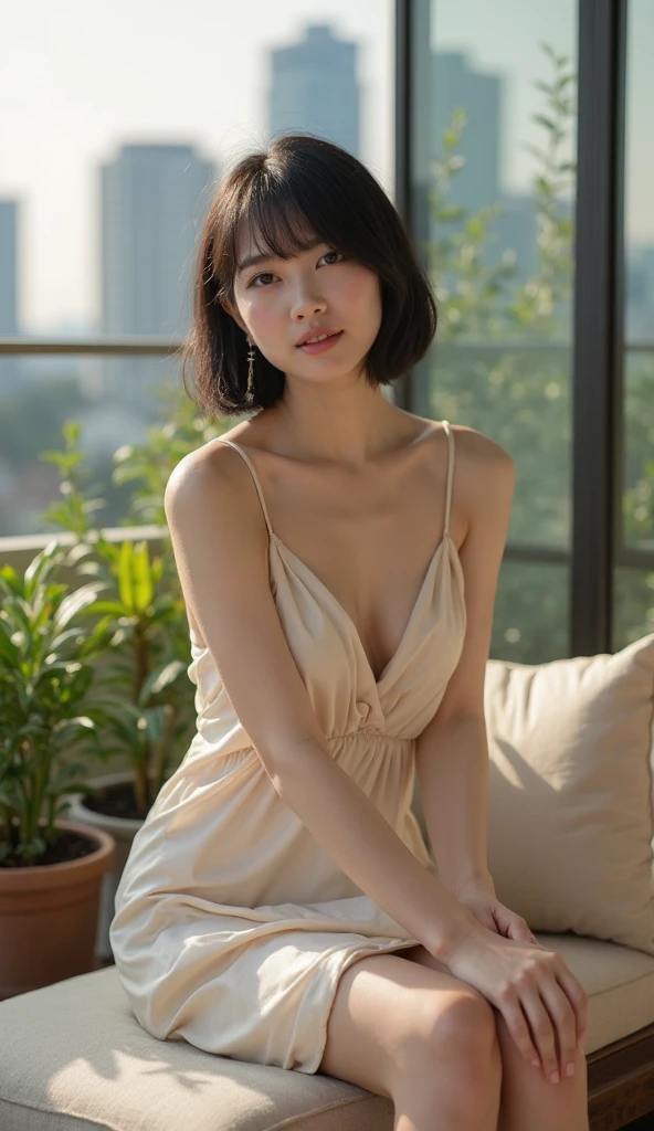 (Highest quality,8K quality,masterpiece:1.3),(Ultra-high resolution,Realistic:1.4,Live Shooting),(Very detailed,Caustics),(Ultra-Realistic Capture,(((dinner))),Beautiful and detailed skin),19 years old,Beautiful Japanese, Medium Hair, Asymmetrical bangs, Brown Hair, I'm looking at the camera with a smile on my face,Soft Light,A ray of light shining from above,Natural light,((Summer Dresses)),(((One female))),Night view,French cuisine