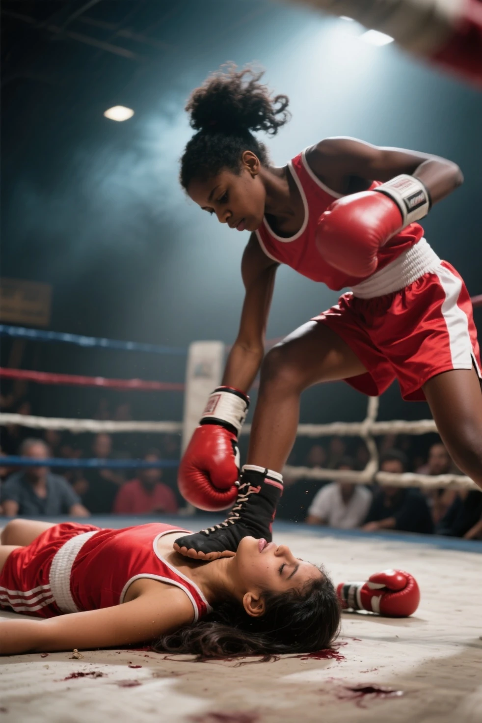300 women fighting, Sweat running, wet body, intense fighting, (View from below), SFW, a crowd of women fighting on a boxe ring. motiontrail
