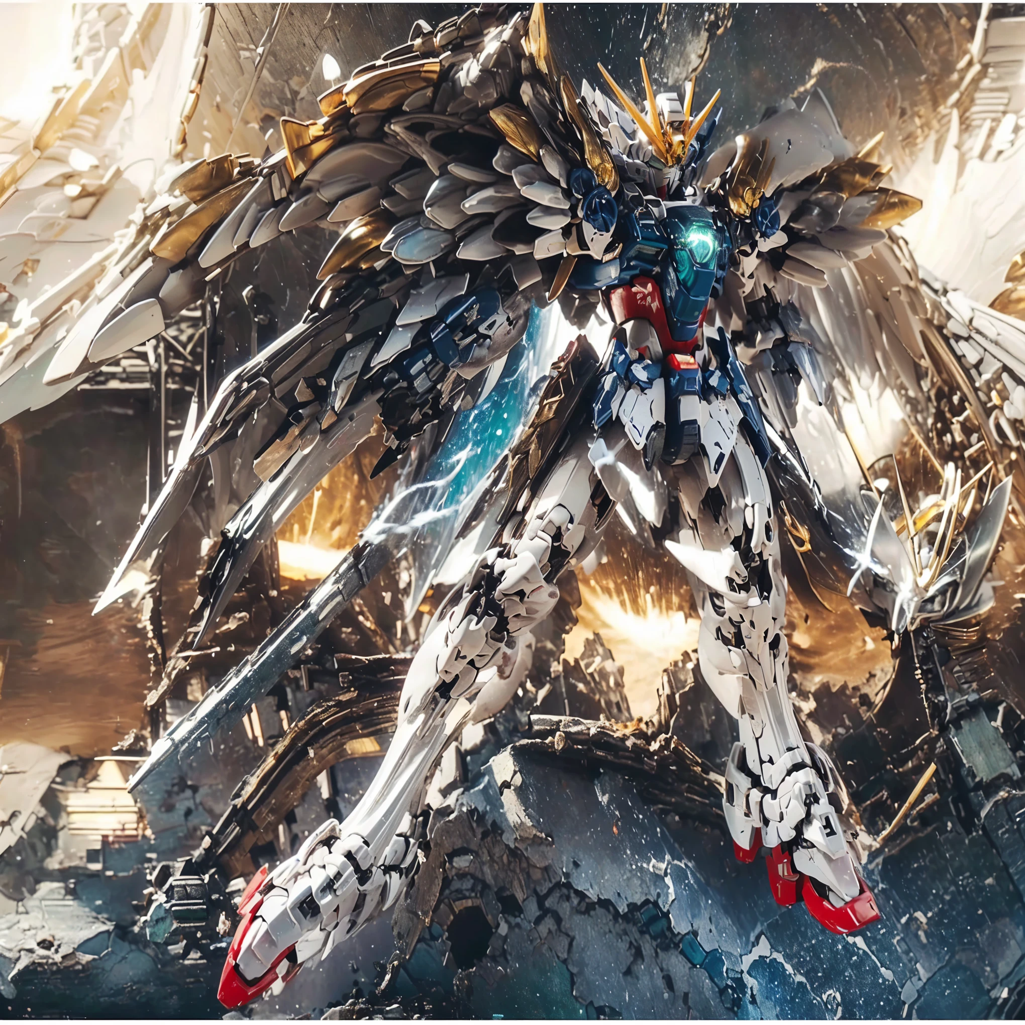 )4-wing Gundam Zero,Humanoid Form、(solo:1.5 ), Large robot with wings and halo , mecha wings ,Maxi Kit, full body, (( Highly Detailed CG Integration ), (( Super Real , Dynamic action poses and vivid 3D )),( Super Detailなアート),( Great Artistic Expression , Overwhelming depiction :1.5), Anime giant mecharobot, exquisite cosmic angel robot, Detailed Official Artwork, Anime Mecha Aesthetics ,standing with feet apart, Powerful Stance , 機体をSuper Detailに ,ellow head antennas、twin eyes shining green、green chest crystals、Massive legs,Spread Your Wings and Soar Above the Ruined City ,Blue Fire from a Booster Sparkling from the Back,outdoor((Detailed ruins background 1.5) ) ,Dystopian Style 1.5 ), Dramatic Lighting, high contrast, Heroic and Epic Ambience, low angle shot, Wide Angle Lens, deep depth of field, score_9, score_8_Excellent, score_7_Excellent, 32K ,(( Highest Quality)),( Ultra High Definition),( Super Detail)