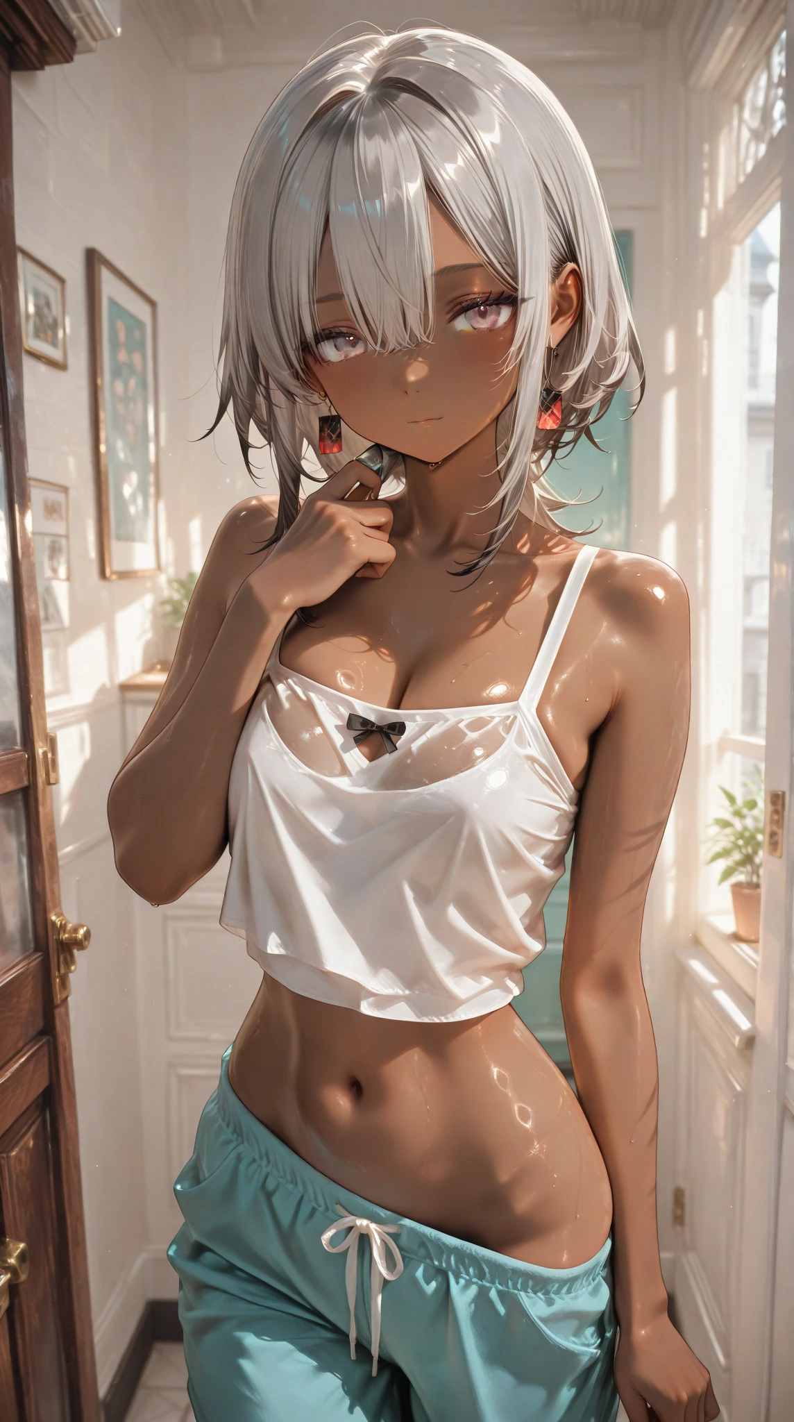 Under boobs,(masutepiece), Best Quality, Extremely detailed, bloom, Delicate and beautiful, Illustration, (From below),(1girl in:1.4), (Solo:1.2), Large breasts, (Ribbed white sweater:1.3), off-the-shoulder white sweater, (Short shorts:1.2), Bare shoulders, (underboob:1.5), ((Dark skin:0.8)), Beautiful eyes, (disheveled hair ), modeled, over-the-shoulder shot, Professional, Canon Camera, Nikon Camera, sharp, Bokeh, Studio Quality, fish-eye lens,hand job