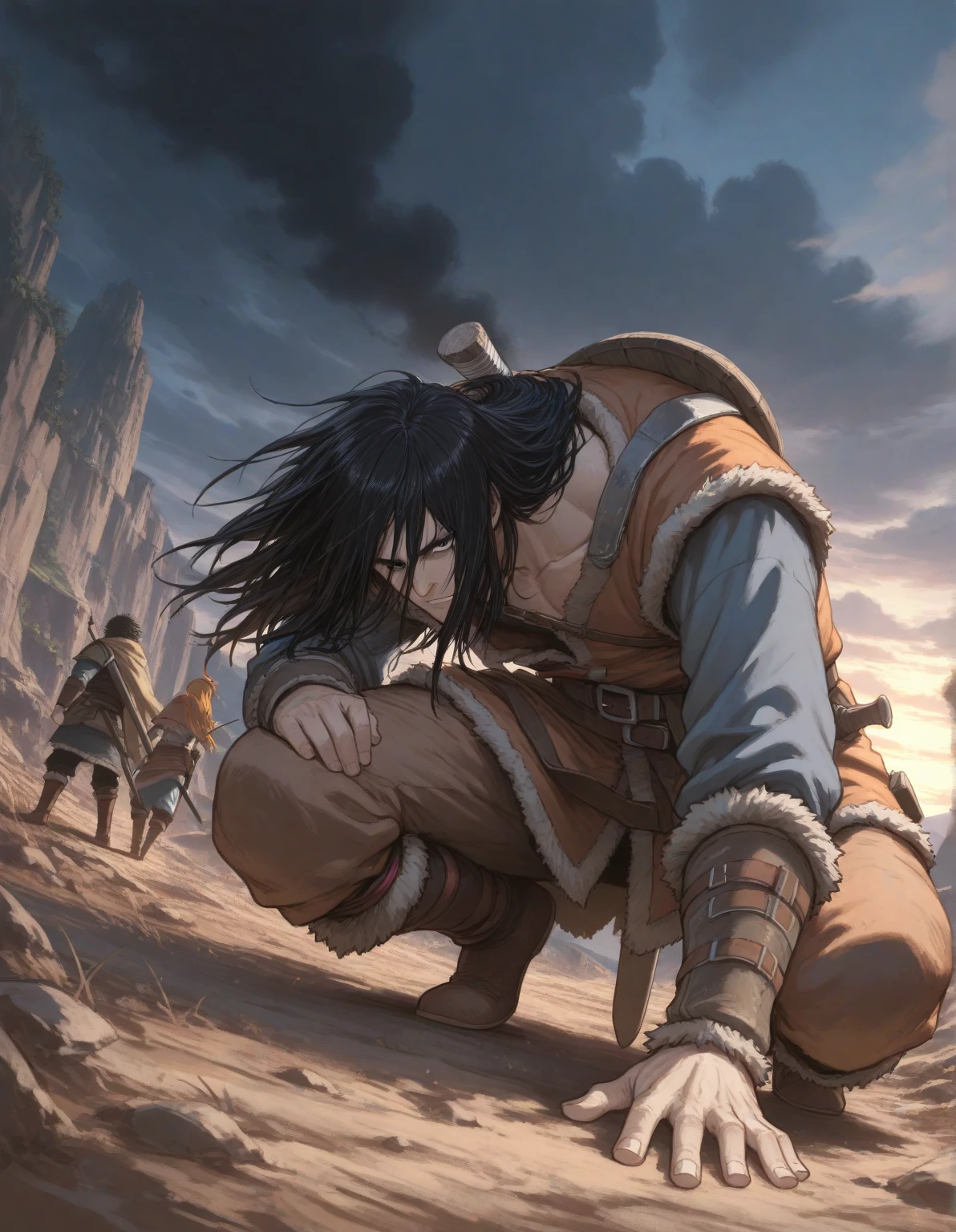 (best quality,4k,8k,highres,masterpiece:1.2),ultra-detailed,long shaggy brown hair, crown of thorns, shirtless, 1male, blue eyes, sunny background, desert background, oil painting, detailed and voluminous hair, detailed facial expression, intricate thorn details, warm sunlight casting shadows, realistic skin texture, Back facing camera looking back, vibrant blue eyes, crown made of thorns, strong and muscular body, confident pose, sandy desert landscape, vast open sky, barren dunes, rich color palette, dramatic lighting, high contrast, breathtaking artistry.