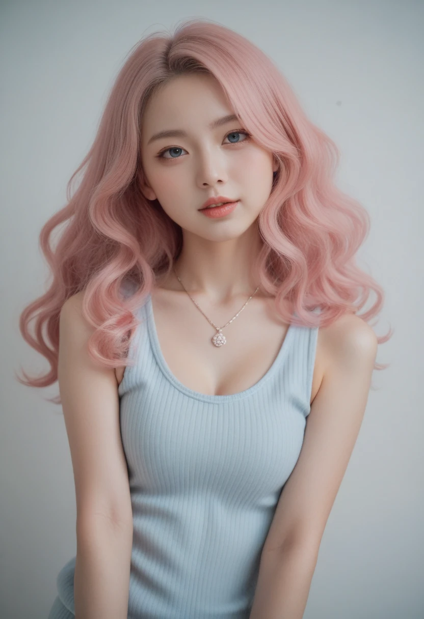 (RAW Photos) Girl in sexy t-shirt, I pressed my arms against my chest.., (Medium chest), Cleavage, Medium Long Hair, (pink and blue hair), Upper body photo, Realistic Light, Surreal, Highest quality, 8K, ((Beautiful Hands)), Correct Anatomy.