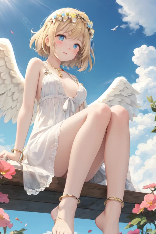 (((1girl))), ((best quality)), ((masterpiece)), ((ultra-detailed)), (illustration), (detailed light), (an extremely delicate and beautiful), (beautiful detailed eyes), (sunlight), ((extremely light)),
((((elegant and adorable angelic wedding dress)))),
school girl,
wavy short manish bob, (((yellow gold hair))), (((short hair))),
(((deep red eyes))),
(((angelic clothes))), (((((angel wings))))), (((angel halo))),
((whole body)), aged 14 to 17,
diamond, beautiful, ((extra elegant)), (((condescending expression))), (sexually mischievous smile), (((extra adorable))), (((extra slender shape))),
(((((sitting down on the magic circle))))),
((((exposed white and pearl whity gold panties)))), (((extraordinarily thin thighs)))