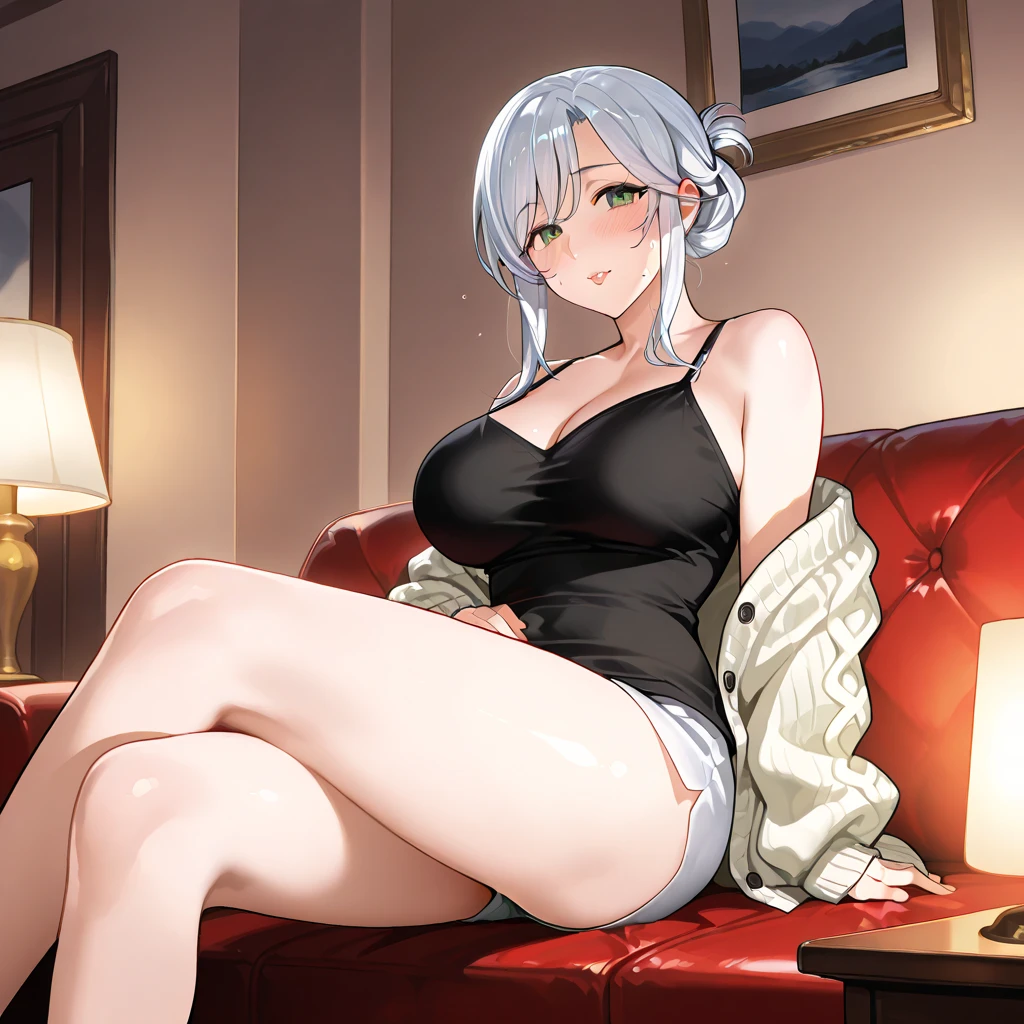 1girl, mature woman, milf, huge breasts, sitting on sofa, living room, red sofa, crossed legs, nighttime, wide hips, smile, short hair, silver hair, yellow eyes, motherly, gentle expression, naked bathrobe, desk lamp, 8k, masterpiece