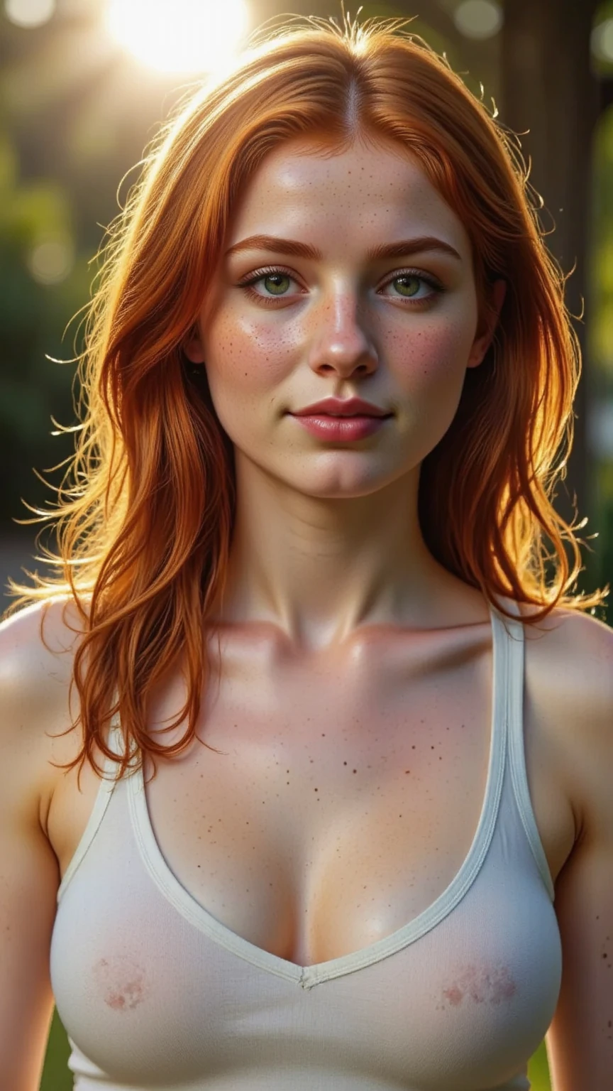 Super cute natural redhead woman with dark theme, bare breasts, full body photography, erotic spite, wide smile and lustful look, (hard nipples with realistic details), short hair up, (realistic skin, porous skin, naturally spread freckles), (small waist, slim body, wide hips),. Intrinsic details, realistic shading. ((skin: 1.5)), (hdr: 1.5), detailed, premium freckles, green eyes, big eyes, highly detailed eyes, gigantic breasts, realistic skin, epic realism, epic skin detail,