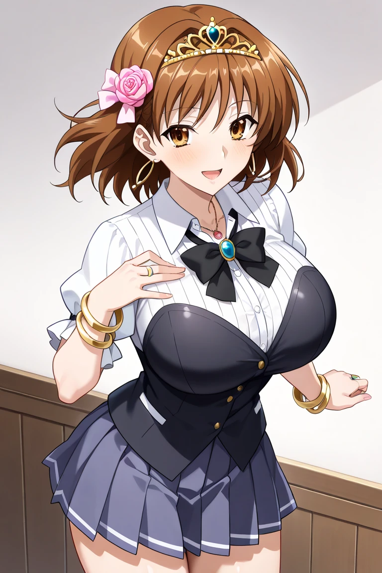 (masterpiece),(best quality),  shannon, casual outfit, brown dress, brown clothes, purple bow, short sleeves, smile, public ((Tight leotard)), ((sexy pose)), ((Wrestling ring)), (Big tits), (Wide hips), short hair