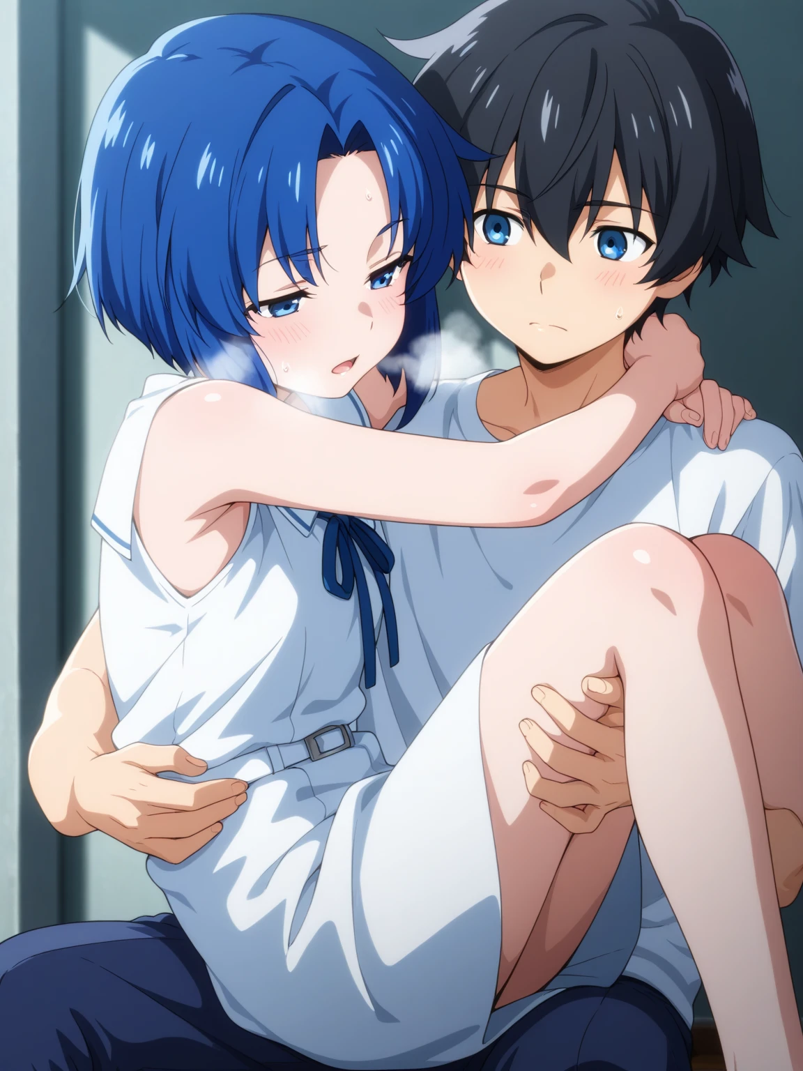 score_9, score_8_up,score_7_up, score_6_up,source_anime, BREAK uncensored, official art, official style,anime_screencap , anime coloring ,masterpiece,best quality,very aesthetic ,rei ayanami, ayanami rei, blue hair, short hair, red eyes,skirt, shirt, ribbon, , white shirt, short sleeves, red ribbon, neck ribbon, tokyo-3 middle ,, very skinny, narrow waist, blushing, cutest girl in the world , rating_explicit, perfect anatomy, anatomically correct hands:1.3, BREAK source_anime,(ultra HD quality details) ,bedroom , blue brick wall, dark room, dungeon , tears, cry , blush, ecstasy , orgasm , vaginal,sex , satisfying, spooning, spread legs, open legs , lying on side, French kiss ,drool ,1boy,(((Muscular man))), (((Size difference))) , riding cock, huge cock, muscular cock, wide cock, fat cock , used tissue , used condom,