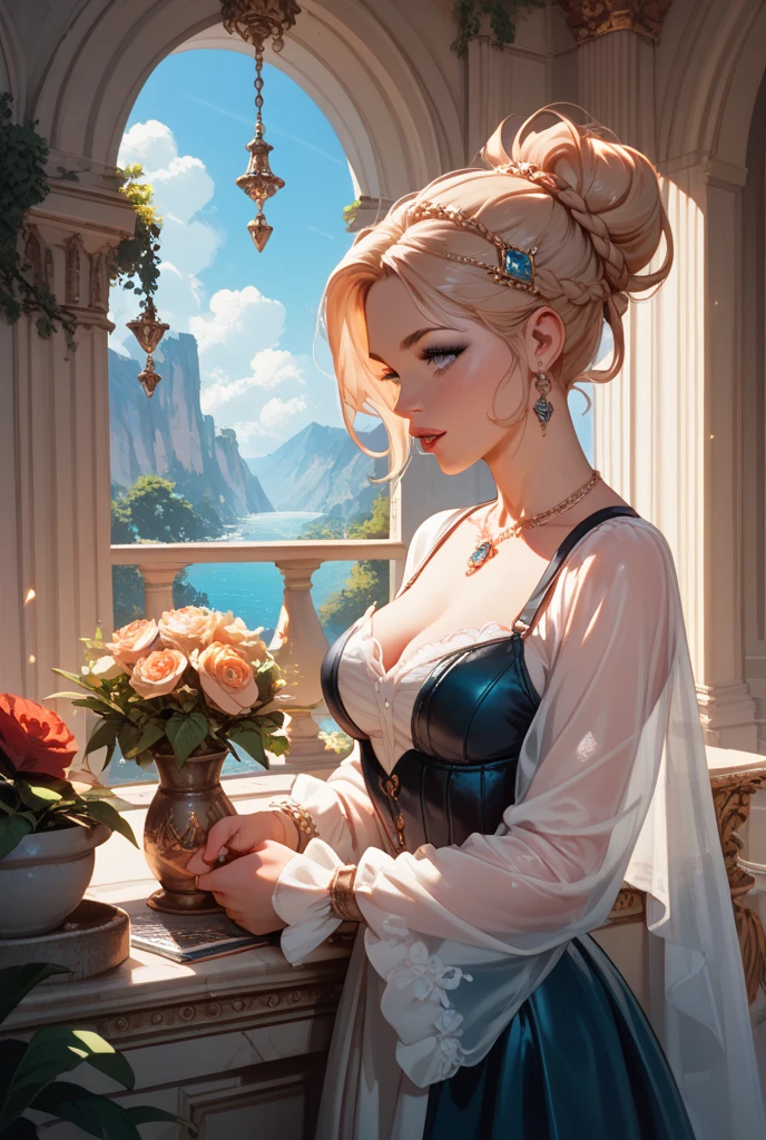 Tia is shown to have a fairly slender figure. She has white-grey hair , she has short hair and large pale green eyes, A young girl stands in the middle of a roof planted with various flowers and bright colors.  The flowers appear to form a long path extending to the horizon.  The girl is carrying a large suitcase, with a clear smile and a fresh look on her face.  Behind her, multiple illuminated doors appear in various colors and open to parallel worlds.
 The image reflects the spirit of adventure, curiosity and exploration, as it shows the girl preparing to discover new and unknown worlds.  Bright flowers and bright colors add an atmosphere of magic and beauty to the scene.  Gentle sunlight can be seen illuminating the place and creating an atmosphere of warmth and comfort., cleavage exposed, big breasts, superior quality, many details, Puri focus  Sharp and realistic