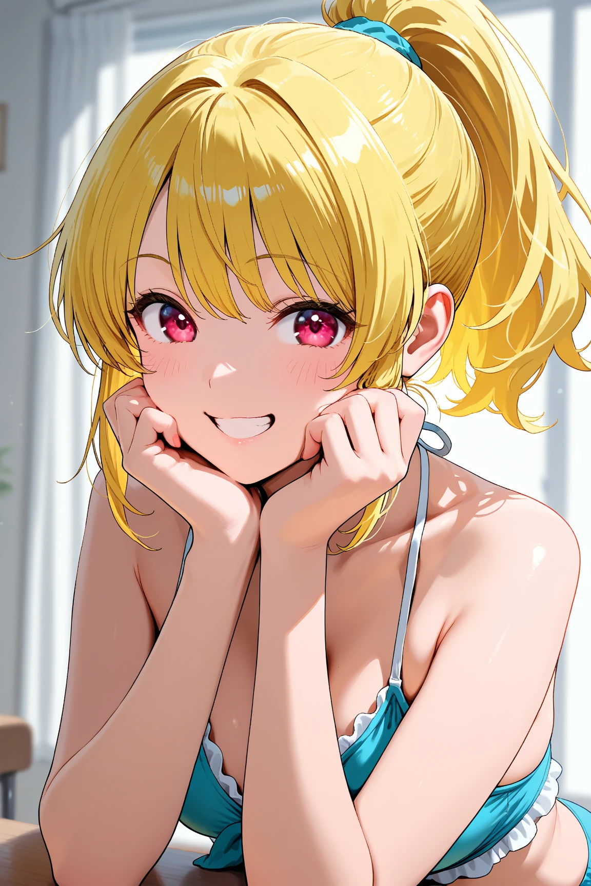 Beautiful, young white girl, long blonde hair tied in a ponytail, natural blue eyes, brightly smiling, wearing pink string bikini, posing in the style of a Playboy magazine centerfold, picture emphasizes her youth and beauty