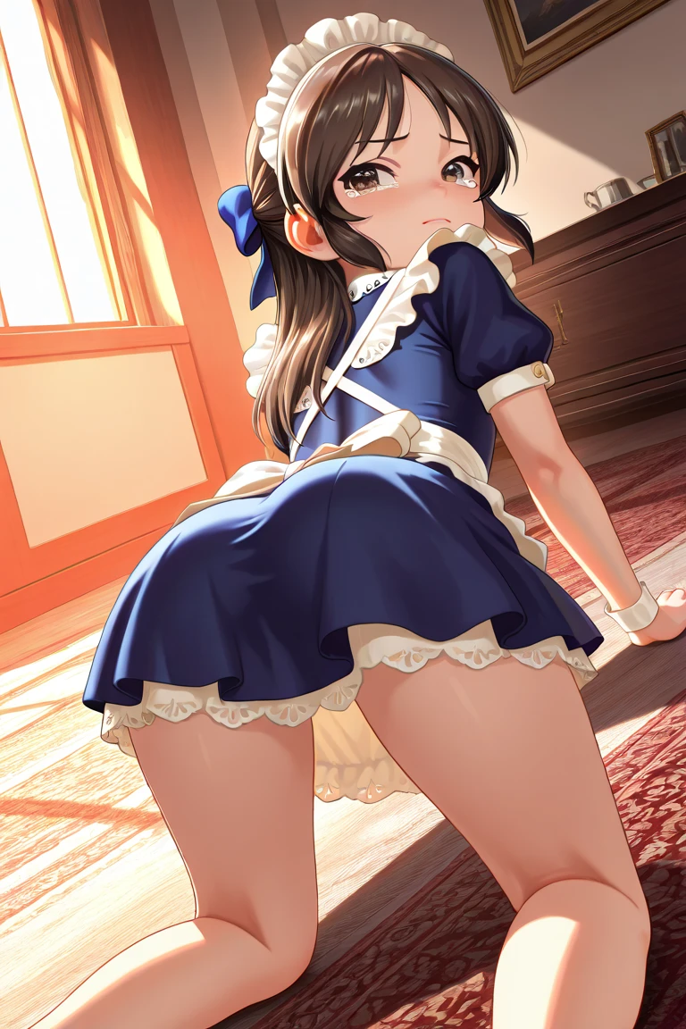 Chun Li striking a victory pose, I conic blue outfit mini dress, viewed from low angle