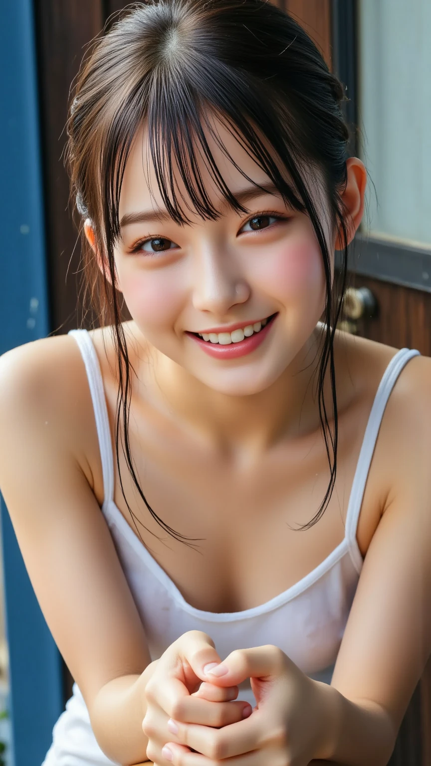 (8K, RAW Photos, Highest Quality, masutepiece: 1.7), (Realistic, Photorealistic: 1.9), NSFW, Black hair, (Blushing, shy), Sweaty face, campsite, Full body, whole body, (Small breasts), (Standing), Open mouth slightly, smile a little, (arms up), (projectile cum), (Large amounts of cum)