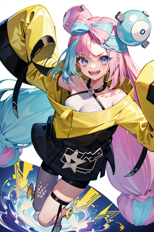 Highest quality、masterpiece、Big Breasts,Pink hair and blue eyes、Yellow Jacket、Please raise your right hand、Lower your left hand、Stand only on your right foot、Raise your left leg。smile、White Background,Nanjamo,No text