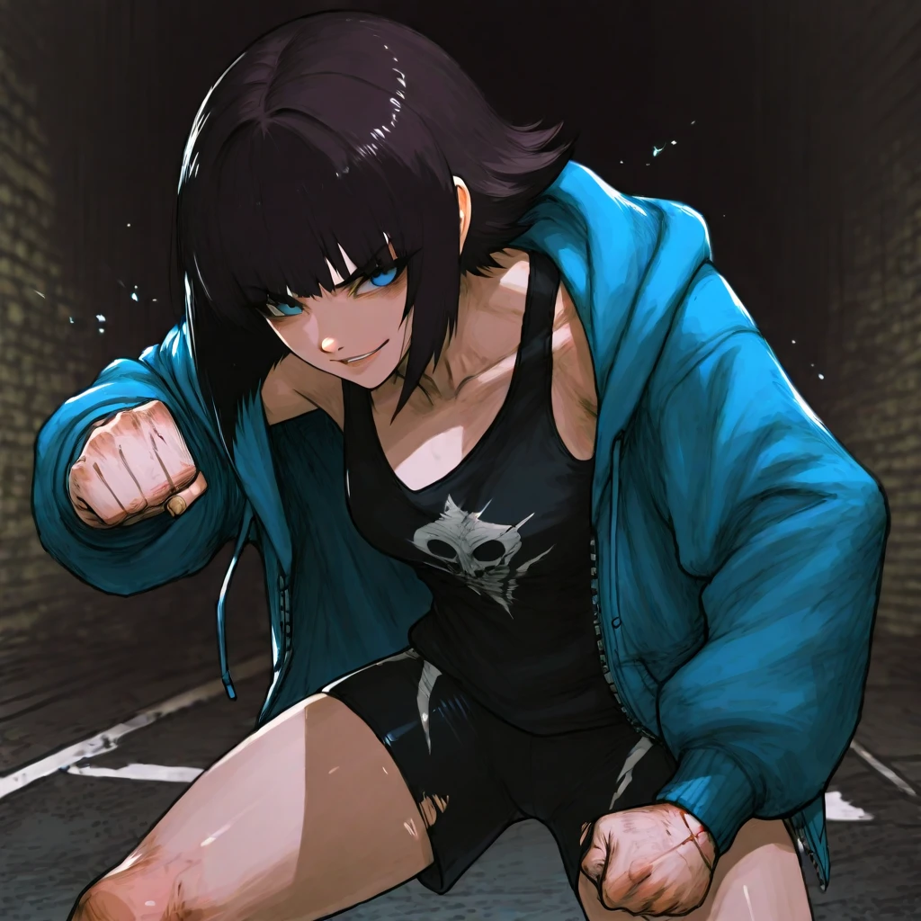 ((best quality)), ((highly detailed)), masterpiece, absurdres, (detailed eyes, deep eyes), (1girl), straight-on, dynamic pose, cowboy shot, (((wide shot))), <lora:hairdetailer:.5>, <lora:Jirou-Marlosart:.8>, jirou2, purple hair, short hair, bangs, black eyes, long earlobes, small breasts, smiling, (facial marks), choker, red shirt, torn shirt, leather jacket, black jacket, open jacket, white fingerless gloves, pants, boots, (inside, in a court room)
