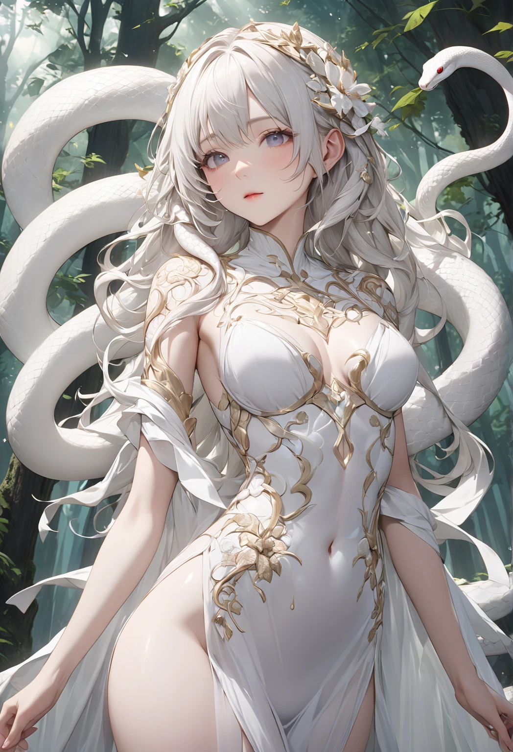 Sophia Leone as Eve and the serpent, beautiful, dressed with very long hair, the serpent gently envelops her with its coils, in the background the Garden of Eden, perfect digital painting, highly detailed pose, intricate, intricate, clarity, high quality, trendy on artstation, Moebius, Milo Manara.
