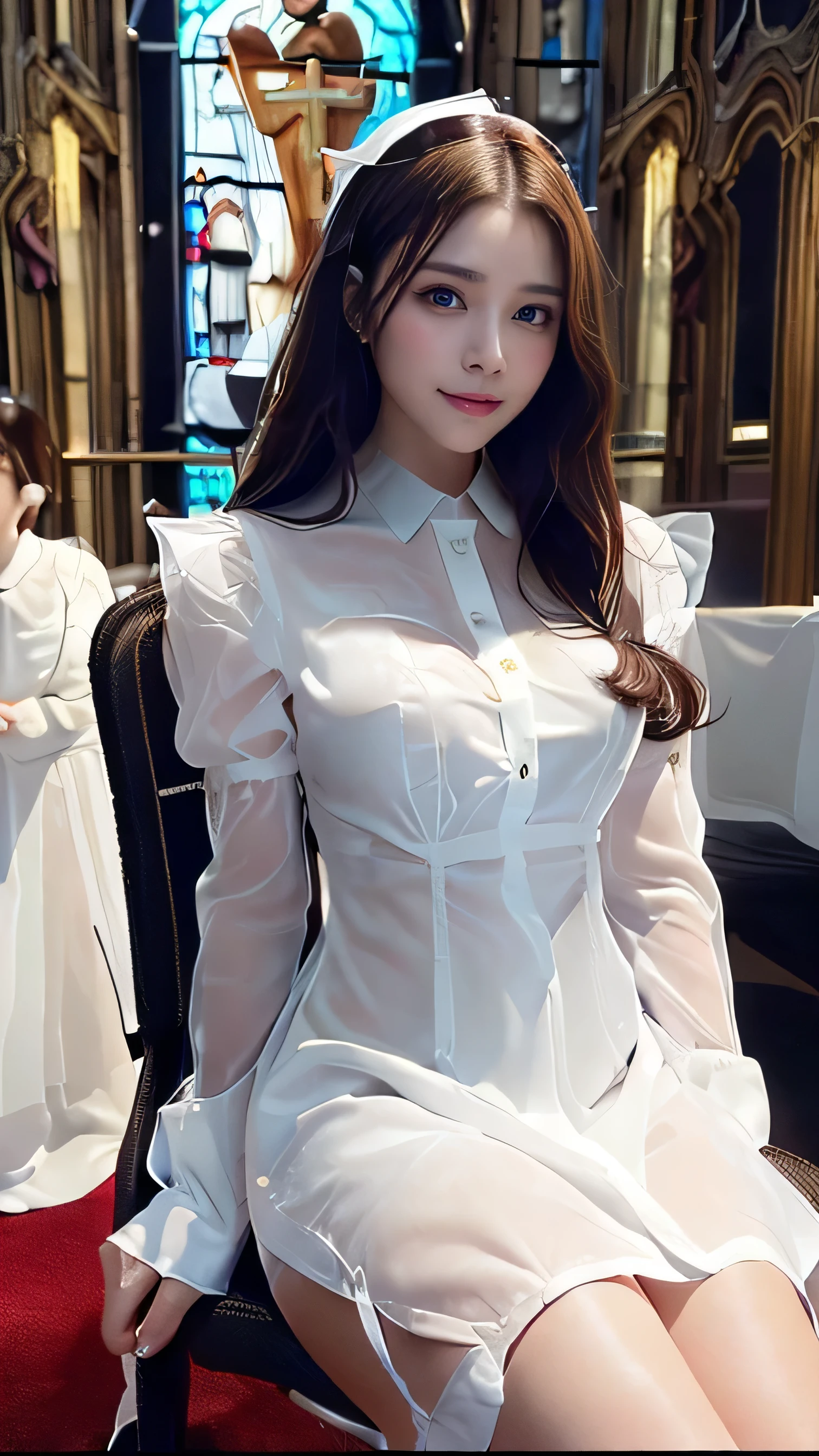 Mannequin with a white blouse that has a neckline, with long, puffy sleeves that have a kind of elastic on the wrist and stay firm, looking like they are tight