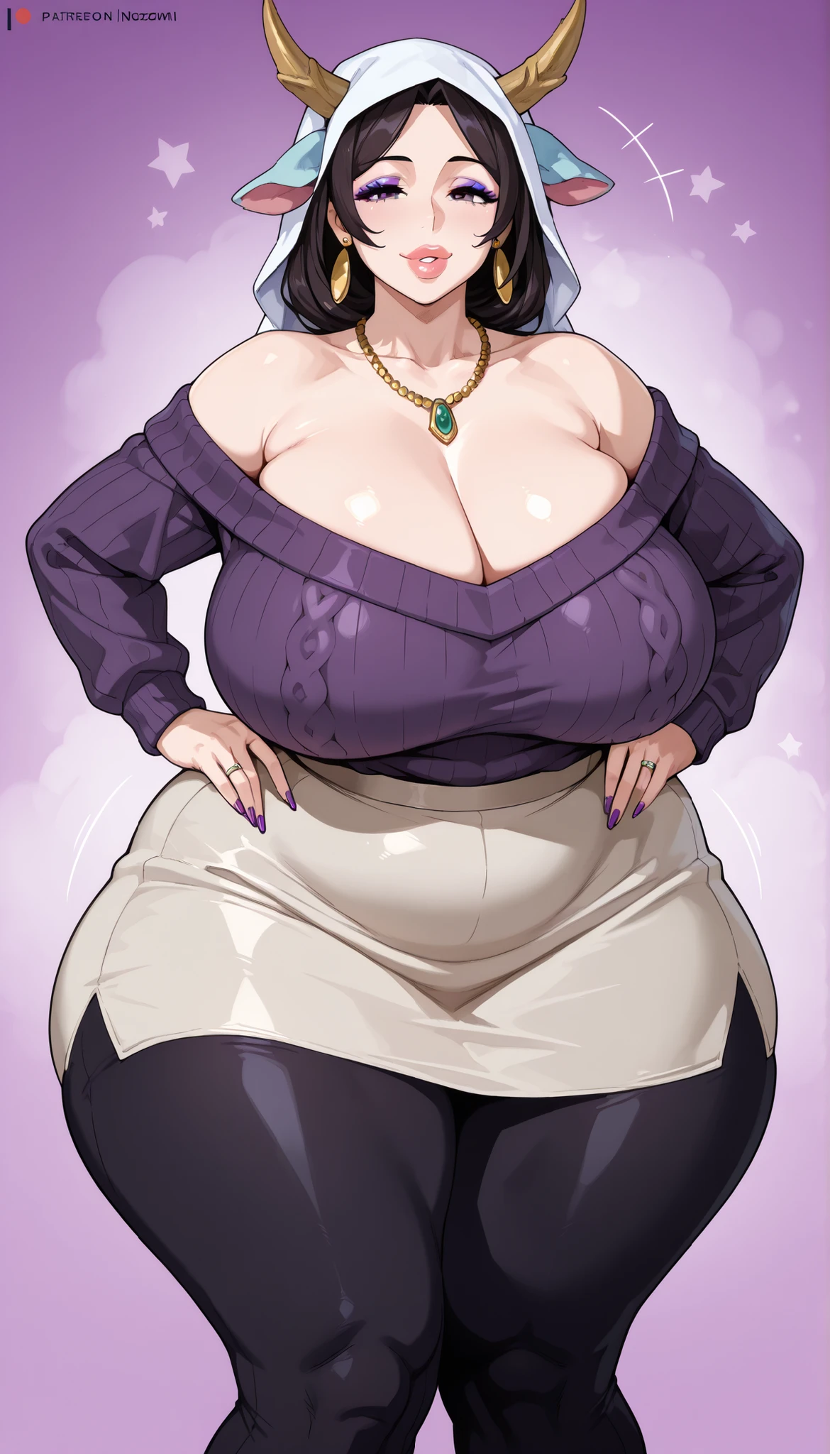 pregnant woman, older, in their 30s, with short purple hair and a tall, curvy body, vista sideways, sideways, breasts big, (work of art, best qualityer:1.2) wearing the legendary great black dress of the mystical sorceress, Big witch hat, breasts big gestante, clothes covering the whole body, detailed mysterious look 