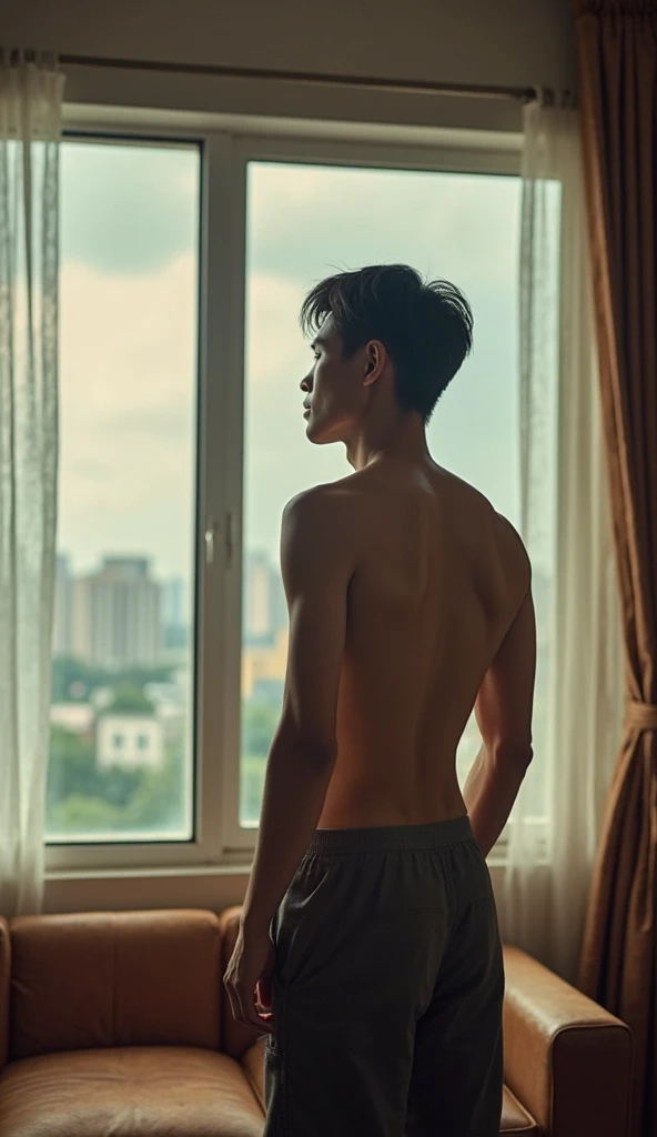 The pitch-black silhouette of a lonely,a handsome two Young man,Very good figure,cute,short haircut,tan skin,Not wearing a shirt ,wearing bikini underware, who could only experience life from what he saw through a single window with only four windows.Everything is dark in his world and environment.while light, love, and happiness can only be seen through one window.Inside there was only darkness and shadows.While the colors are beautiful and bright happy people and countless wonders lie outside