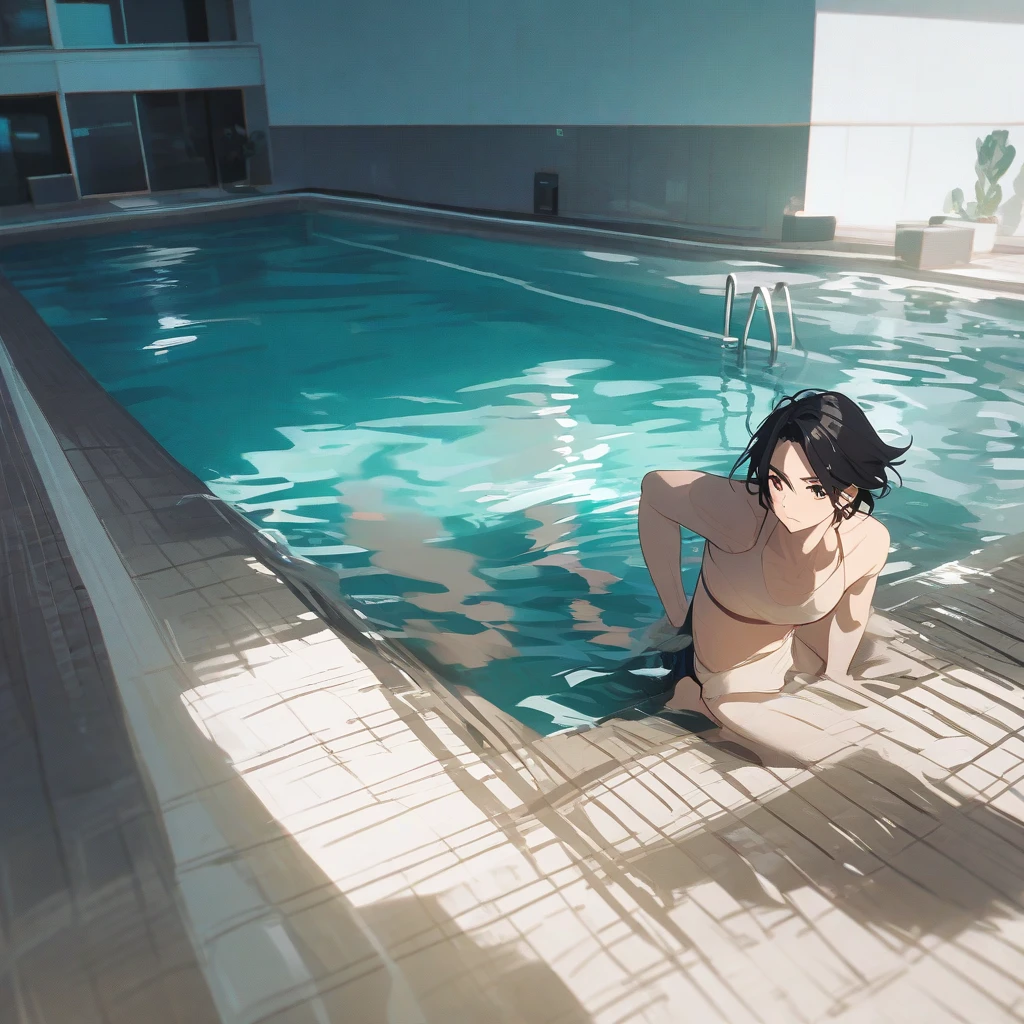 masterpiece, high resolution, beautiful woman, Korean Beauty, 20 years old, nude, beautiful woman, pool, standing and looking at me, high resolution face, (high resolution eyes), big tits, white skin, black hair, having sex, back, penis