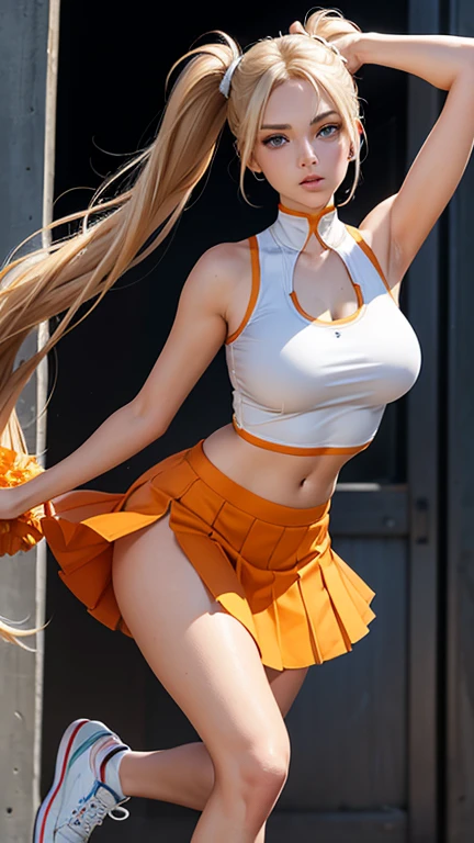 show off nipples, small nipples, ultra detailed, best quality, very aesthetic, 1girl, finely detailed beautiful face, (bashful face), smaller face, ((catch light)), downturned eyes, (((curvy))), ((Muscular)), (skeleton straight), (Broad-shouldered), (leggy), (((blond hair))), ((swept bangs)), Flipped out hair, middium hair, red headband, white and orange see-throwgh tight dress, micro mini tight skirt, (((torn clothing))), gloss skin, ((jumping high))