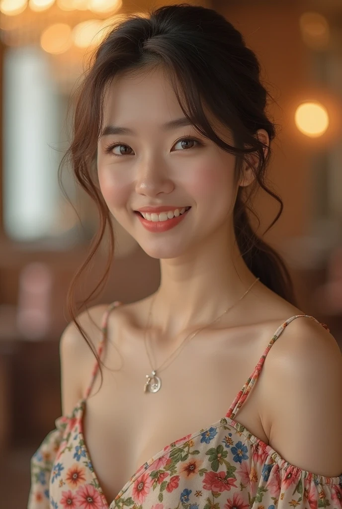 A young woman with shoulder-length, wavy brown hair tied in a loose ponytail、She is wearing a red off-the-shoulder dress。She is smiling brightly、Have a naturally glowing skin。The background is softly lit、Creating a warm and comfortable atmosphere。The overall mood is、It&#39;s bright and calm。Please use photo-realistic images。She has a bright smile and a happy look on her face.。Eyes closed with happiness、The cheeks are a little red。Emphasises pure joy and happiness。