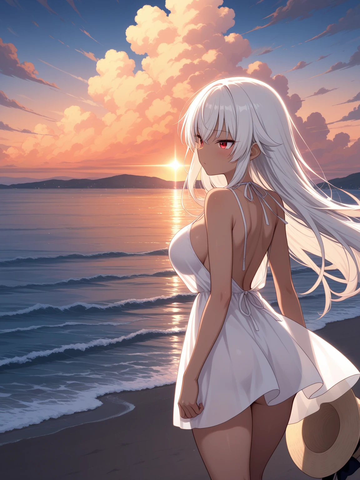 (score_9,score_8_up,score_7_up,score_6_up,score_5_up,score_4_up), 1girl, solo, outdoors, beach, sunset, long hair, white hair, red eyes, large breasts, hair between eyes, slight smile, from behind, glancing back at viewers, blush