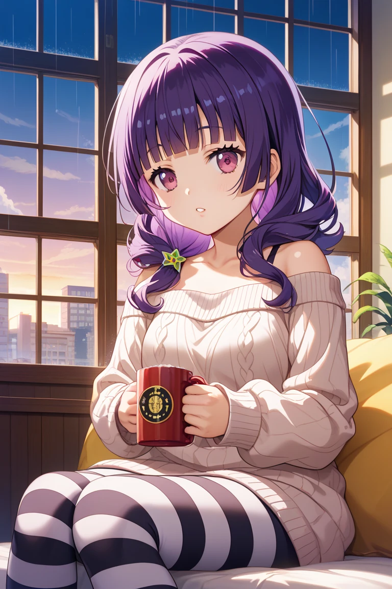 An adorable girl is wearing a cute pajamas, which combines comfort and cuteness. Her pajamas are made of a soft, colorful fabric, with cheerful prints, such as drawings of unicorns, clouds, or cute characters. She's wrapped in a cozy blanket, patterned with her pajamas. Her hair is messy in a charming way, and she holds a cup of hot chocolate, emanating a delicious aroma. A sweet smile graces the girl's face as she enjoys her moment of relaxation. She can be sitting in a comfortable armchair or lying on your bed, creating a pleasant and welcoming atmosphere.