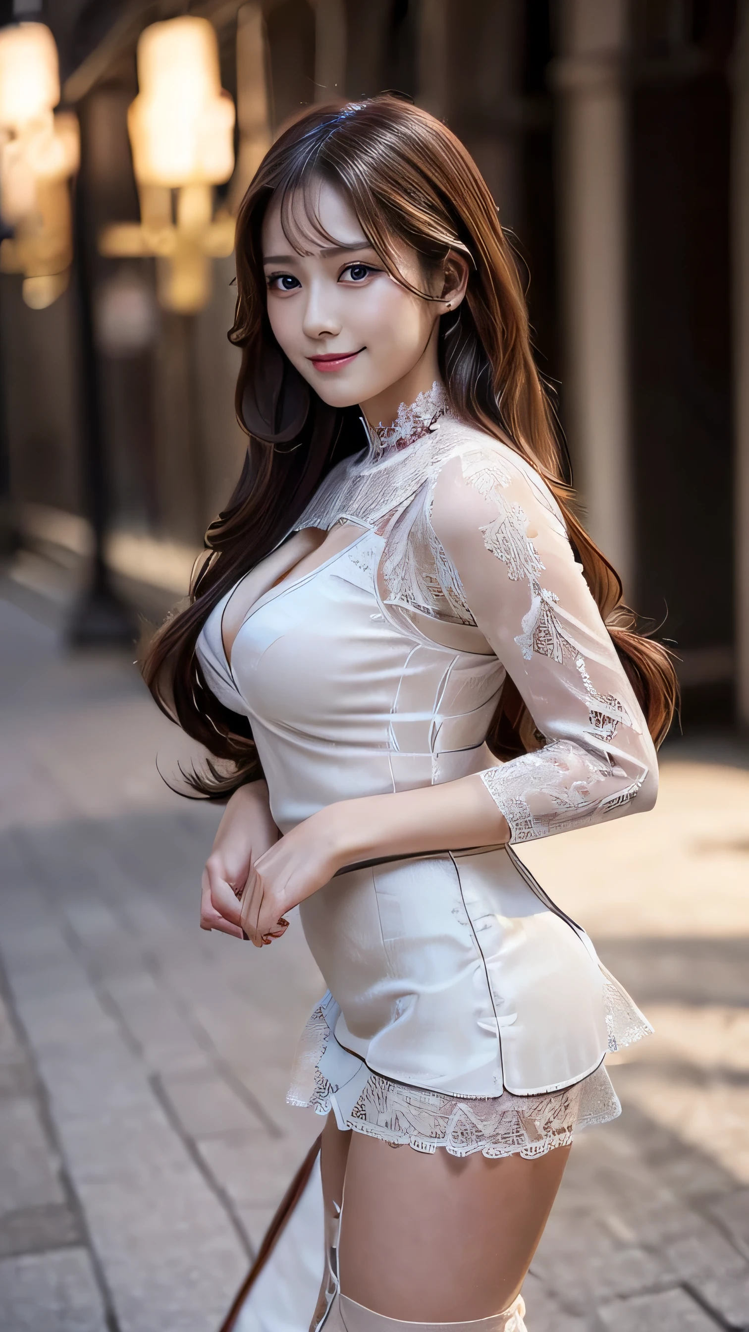 ((Realistic lighting, best quality, 8K, masterpiece:1.3)), Lock focus:1.2, 1 sister, Beautiful woman with perfect figure:1.4, : Beautiful Korean girl, Korean pop idol,Leg length,(Pale skin), (big eyes),(Smile:0.8),(Plump and sexy lips), Complex and detailed face, ((Super delicate skin)),Delicate face,Ultra-thin face,Fine Eyes,Double eyelids,((Dark brown hair)), (White lace underwear:1.4),(Lure,at night:1.1),Background Shibuya street,emphasize,Ultra-thin face,Fine Eyes,Double eyelids,(Start from below:1.attitude,(Mid-chest:1.2),Sexy long legs, (Thigh gap:1.5),Wide hips,S-Shaped Body, Hips lifted,Leg length,White skinny jeans,Shooting from the front,Over-the-knee leather boots,