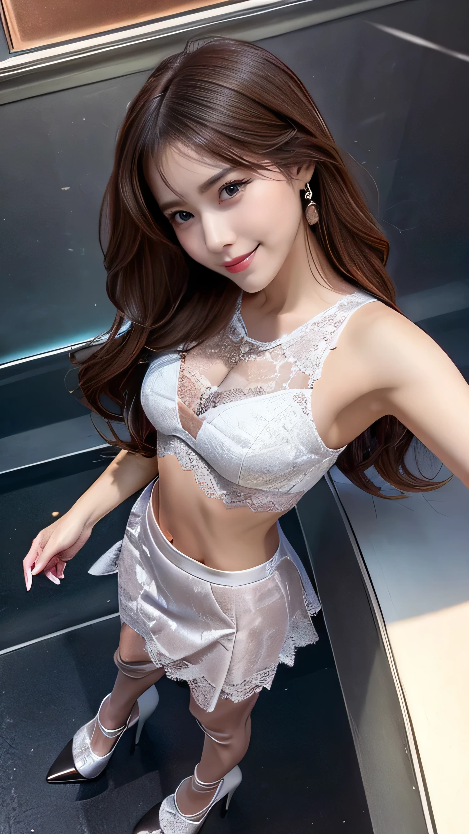 8K, masterpiece, RAW Photos, Highest quality, Realistic, 非常に詳細な CG ユニティ 8K 壁紙, Depth of written boundary, Cinematic Light, Lens flare, Ray Tracing, (Very beautiful face, Beautiful Lips, Beautiful Eyes), Exquisitely detailed face, ((Highly detailed skin)) One girl, In the Dark, Deep Shadow, Cute Korean Girl, K-Pop Idols, 1 Girl, (Very slim slender fit-muscled body:1.3), ((View your viewers)),(Big smile:1.3), (Midnight, Dark Night, (Neon Signs), (Blurred Background), Dim Light), (No people in the background:1.3), Beautiful earrings, bracelet, necklace, pantyhose, Clear Eyes, walking , Front shot, (Pale skin), (Big eyes), Look forward, (Full Body Shot), (Brown Hair), Open belly button, (View your viewers:1.3), Very slim, Medium chest, (Camel Toe), Thick thighs, Turn back, (Gorgeous lace mini dress), ((White Dress)), (Tight Skirt), ((Turn back, Buckshot)), Ultra mini skirt, Exposed buttocks, Upper Shot