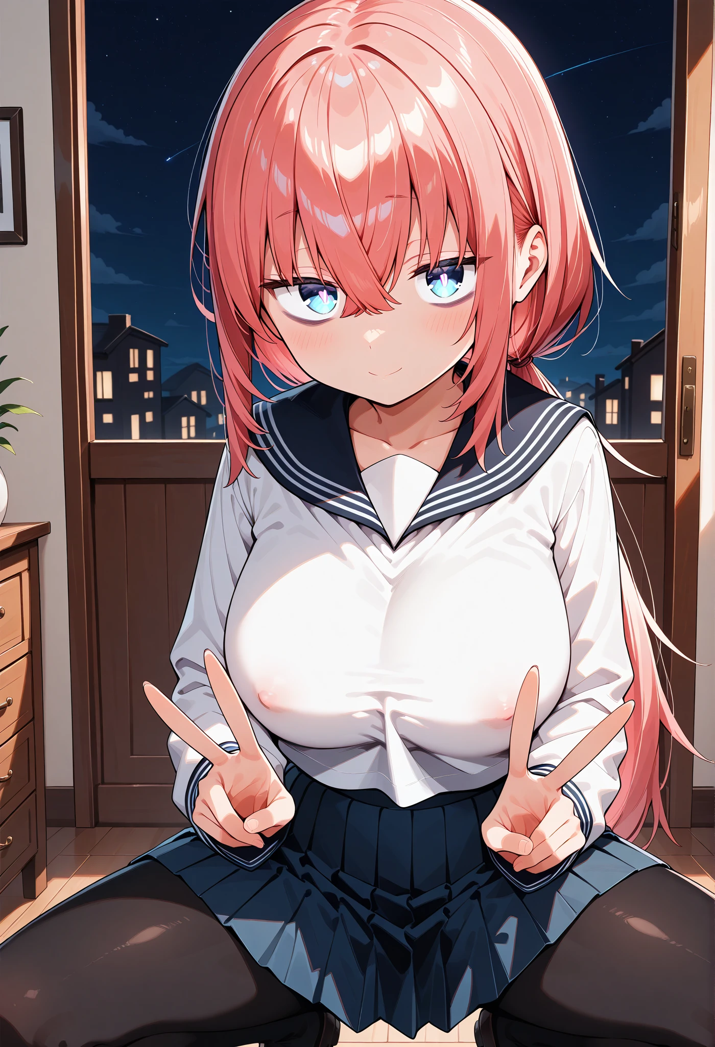 Hitori gotoh, pink hair, blue eyes, ultra embarrassed, melting with shame, medium breasts, nuds, nsfw, ecchi, ultra-erotic atmosphere, chubby, pink lights, wet panties, wide thighs, handjob, pov male, stroking his penis while he cum, shivering, cum shot, cum on breasts, highres, ultra-detailed, ultra-fine painting, (best quality,4k,highres,masterpiece), artistic style,subdued colors, vivid colors, professional lighting, detailed lips, detailed eyes.