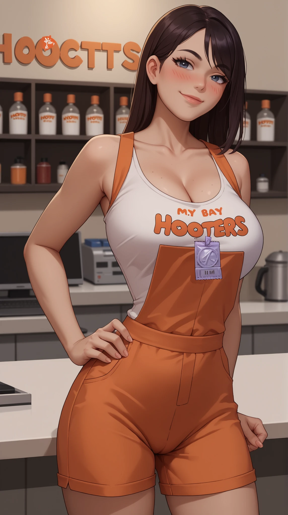 (((absurdres))), (((masterpiece))), (((best quality))), ((ultra-detailed)), ultra high quality, realistic, (real picture, intricate details, depth of field), ((((1girl, solo)))), make up, parted lips, highly-detailed, perfect face, (((mature woman, milf, skindentation))), ((huge breasts, wide hips, toned abdomen)), tall, glossy lips, sexy, blushing, ((brown hair, bangs, medium hair)), ((beautiful yellow eyes)), ((earrings, hair ornaments, choker)), (((hooters, white tanktop, cleavage, crop top, exposed navel, orange legging shorts))), (((erotic pose, standing))), smile,