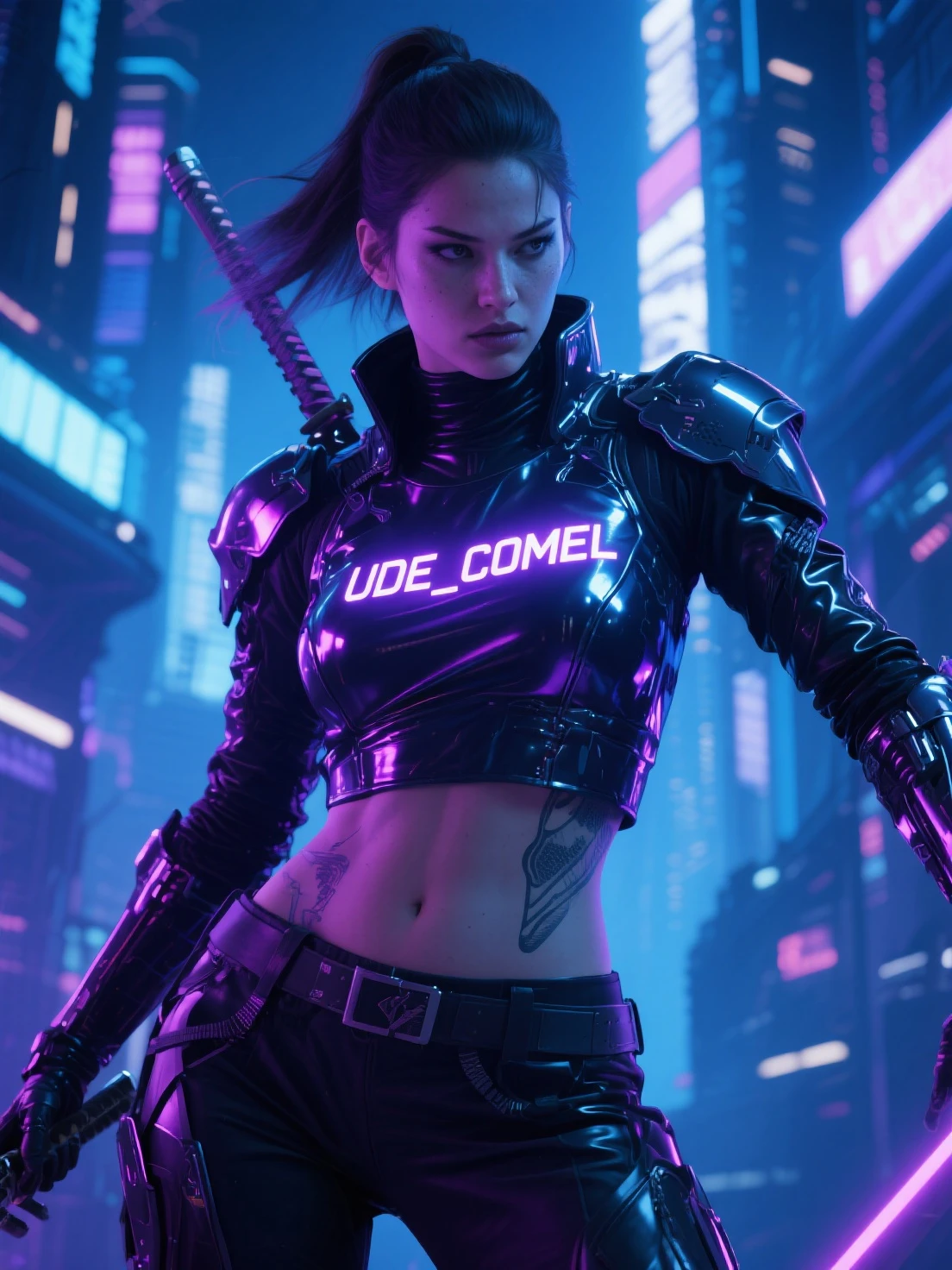 a woman, posing, by conor harrington <lora:Tifa Lockhart:0.85>, (Cyberpunk), futuristic, neon, urban, dystopian