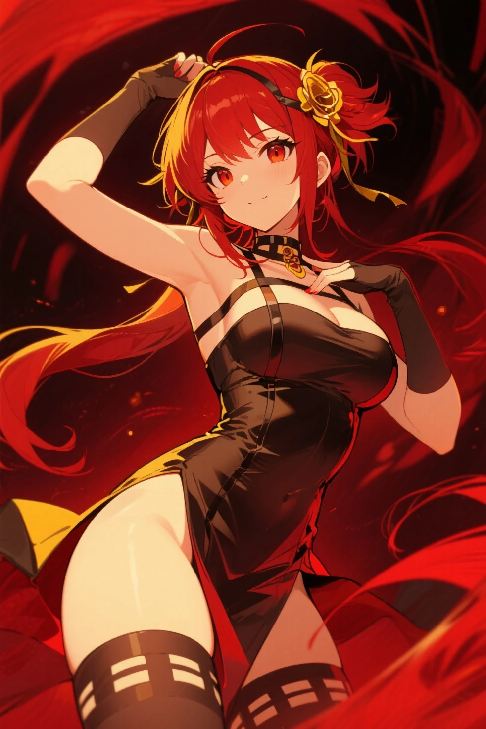 Red hair, gray eyes, armpit, 1 girl, thigh slit dress