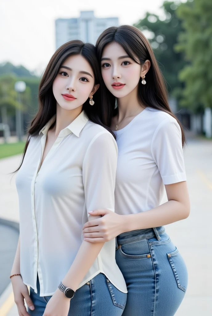 (RAW photogr,超高分辨率,tmasterpiece,best qualtiy:1.4),Complicated details,2 20 year old Korean girl,Wear a loose black T-shirt and skinny jeans,Stand on the grass and take pictures,hugs,Intimate relationships,Detailed meadow,A sweet smile on a small face,The face and skin are pink and fair,Ultra-realistic facial details,Playful and coquettish pose,The calves are straight and slender:1.5,Wear high-end branded colorful travel shoes:1.5,eventide,warm color,Broad lighting,naturalshadow,taking a full body photo:1.8