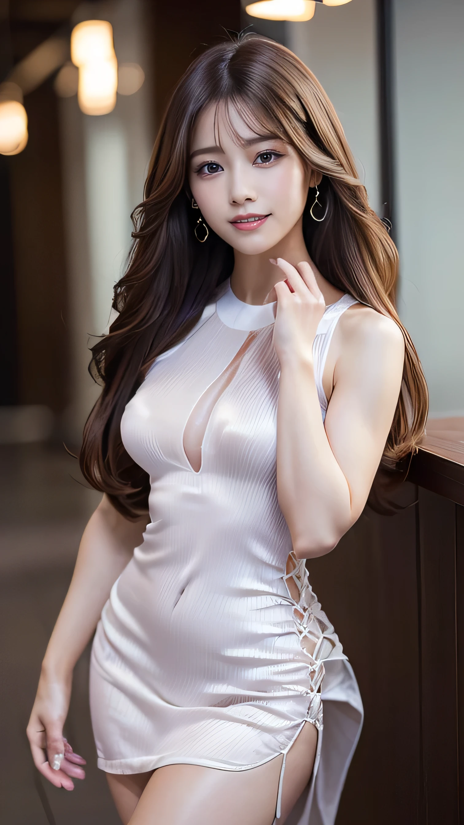 ((Cowboy shot)), ((Shoot from a frontal perspective)), 1 Asian female model, A young girl, (Close up), (Indoors, Standing posture, leaning on a table), pretty pose, striking pose, Detailed scenes, Coiled hair, Hairpins, Beautiful hair accessories, Brownish-yellow hair, light make-up, Blushlush, Gloss on lips, pretty legs, ((White broken cheongsam, high-heels)), ((warm lights, a warm color palette)), (Extremely high color saturation), Detailed details, ultra-detailliert, (tmasterpiece, best qualtiy), (An extremely delicate and beautiful work), Delicate earrings, Delicate necklace, Simple blurred background, Extreme detail description, Ultra-fine painting, Delicate face, slim toned body, Slimming the waist, (ssmile, grin), (anatomy correct)