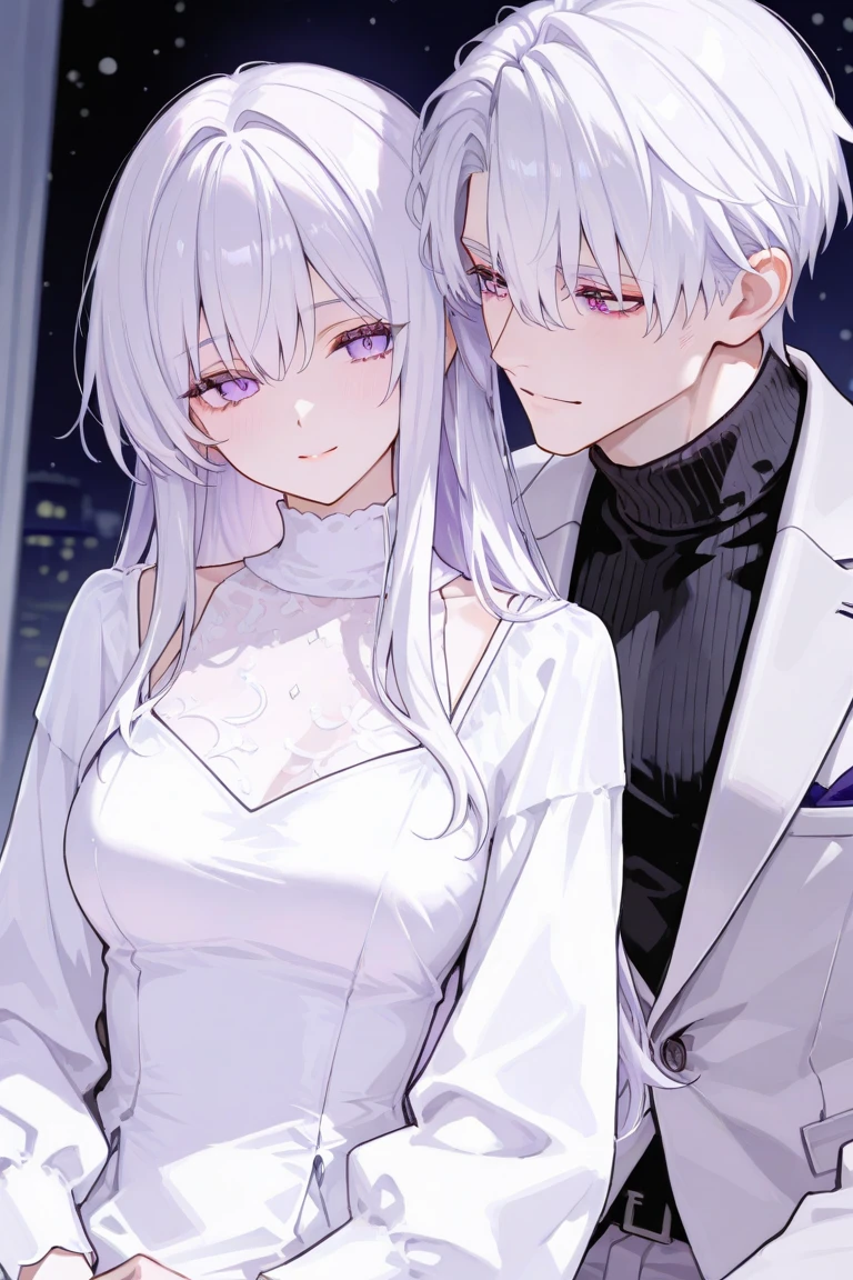 ((obra maestra de anime TV)), (enfoque medio cuerpo), anatomically well made, boy and girl couple adultos, varias poses juntos, you can see the mutual attraction, girl Foxy, pelo largo blanco o plateado, radiante iris eyes brillan del ojo verde:0.5, boy pelo corto bicolor, rostro masculino, eyes are also bright red eyes and radiant black:1.1, -auto..