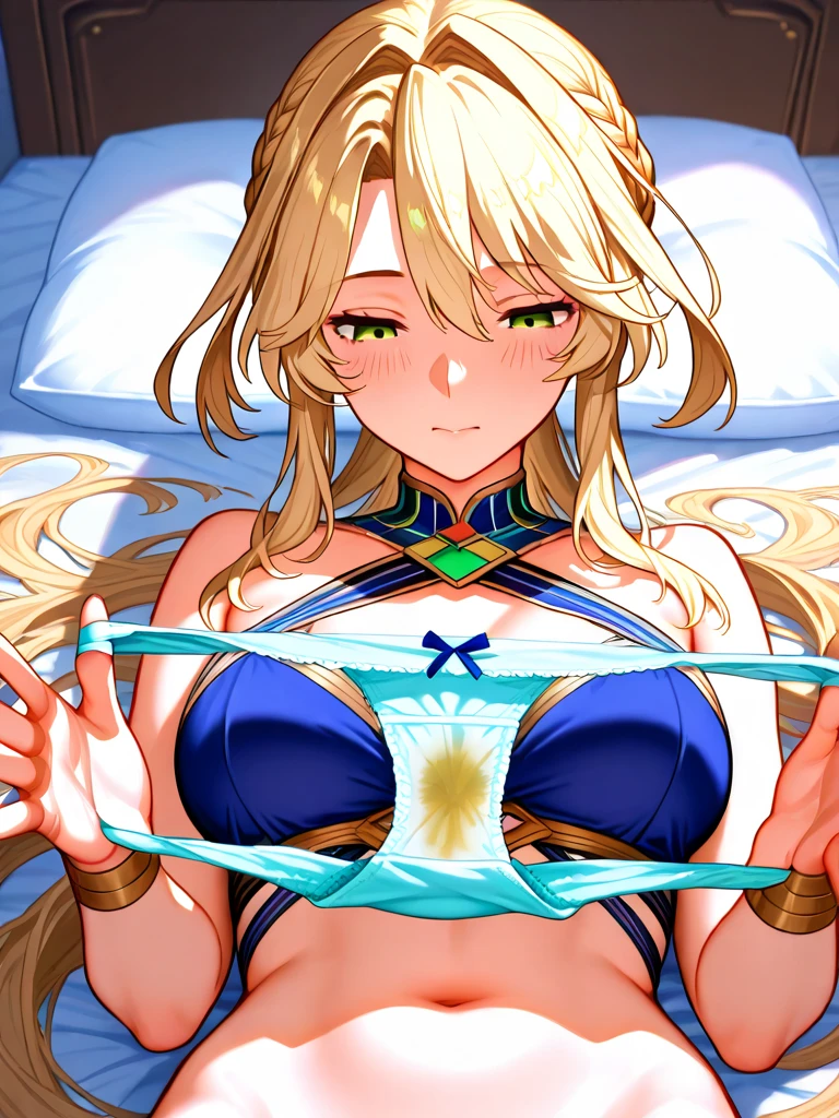 (Masterpiece, Top quality: 1.5), nsfw, sitting on bed, (1boy and 1girl are having sex on the bed:1.3), (Mythra :1.3),(breast grab from behind:1.3), a boy is with black hair , (large breasts:1.3), (cleavage:1.2), standard weight, Blonde Hair, 16 year old, angry, (flustered:1.3), sexual climax:1.2, open mouth, bedroom ,cum:1.3, arms up