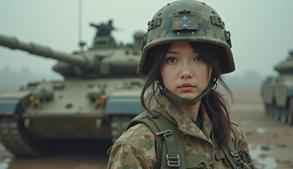 8K,tmasterpiece,best qualtiy,Ultimate realism,(A girl stands on the battlefield),The smoke is thick,There is a lot of war,(city ruins),(Abandoned armored vehicles),1girll,(Wearing armed uniforms),Background bokeh,the night,She was injured,closeup of face