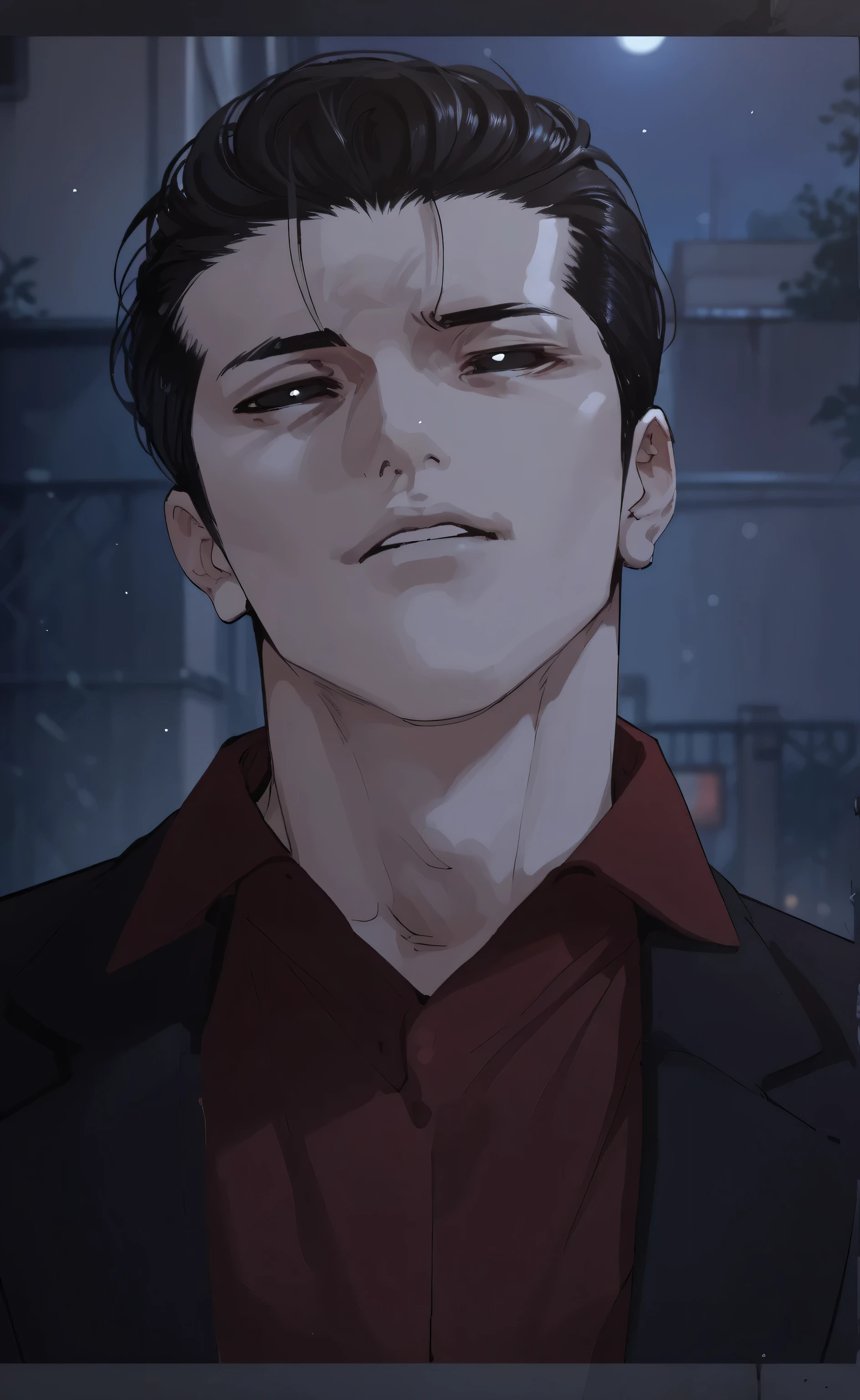1male,solo,Gun Park,black hair,Long hair,slicked back,black eyes,black suit,crimson shirt,night,alley,