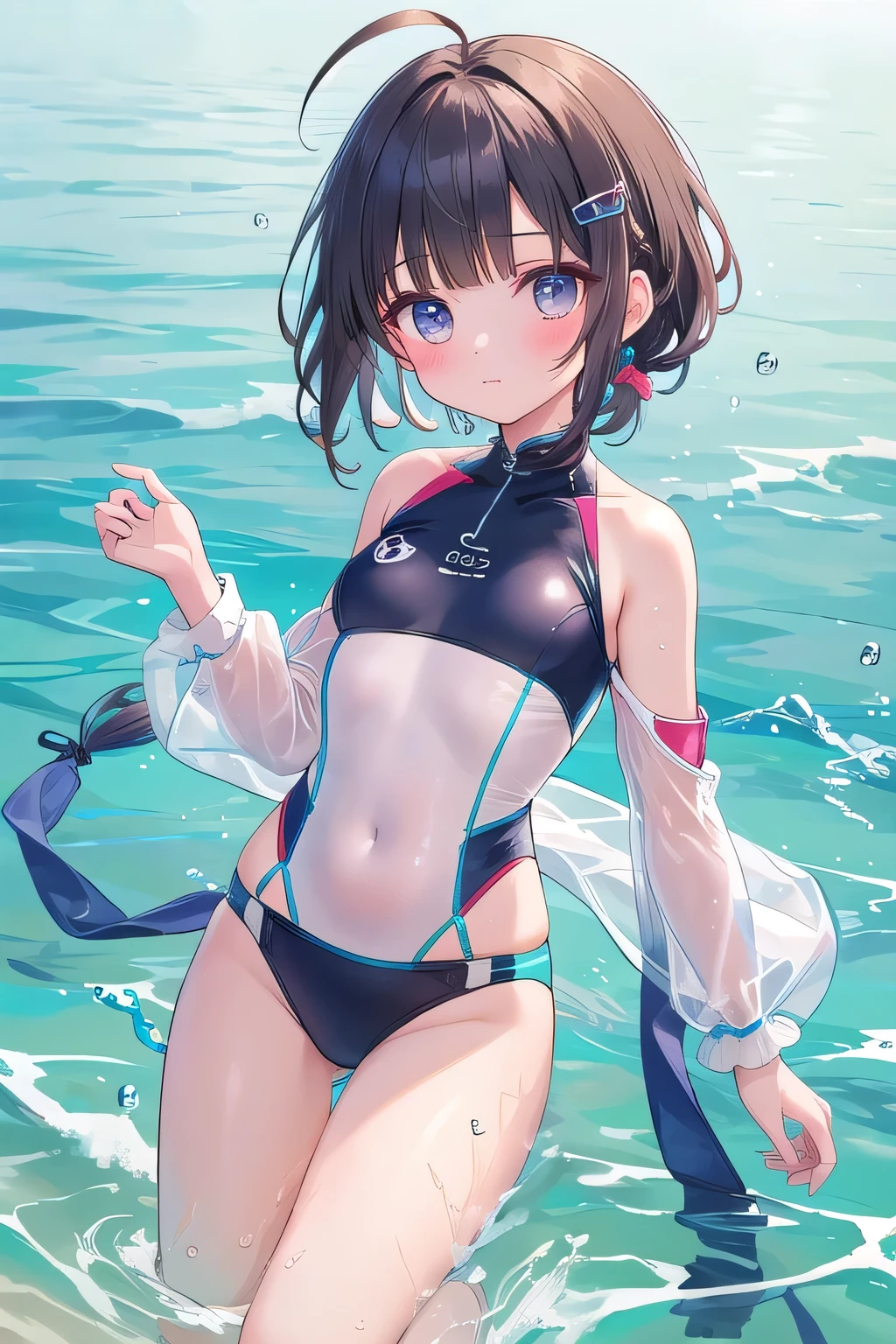 ((Lying on a rubber floating on the sea)), ((rash guard)), ((swimsuit sides see-through)), (((The swimsuit is a vivid color))), ((Mesh mini skirt)), liulixl, iridescence, organza,, skindentation, skinny, solo, 1 woman, Masterpiece, highest quality, highest quality, 16K, incredibly absurd, highly detailed, 2.5D, ai-generated, delicate and dynamic, very delicate facial expressions, delicate eye depiction, erotic, only sexy woman, ((A cute and kind face)), healthy figure, 25-year-old woman, bride, 160cm tall, medium firm swaying bust, (dark hair), black eye, blush, Sweat,Embarrassed,sexy, ((thin thighs)), (Erect nipples:0.9), ((shiny and lustrous)), facing straight at viewer, ((brown black skin)), ((Oily_skin)), sweaty skin, wet skin, (suntan), dutch angle, ((sexy pose)), Dynamic poses, ((Summer Sea)), Strong sunlight, ((sexy pose)), ((Lying)), ((On the open sea)), Knee Up,