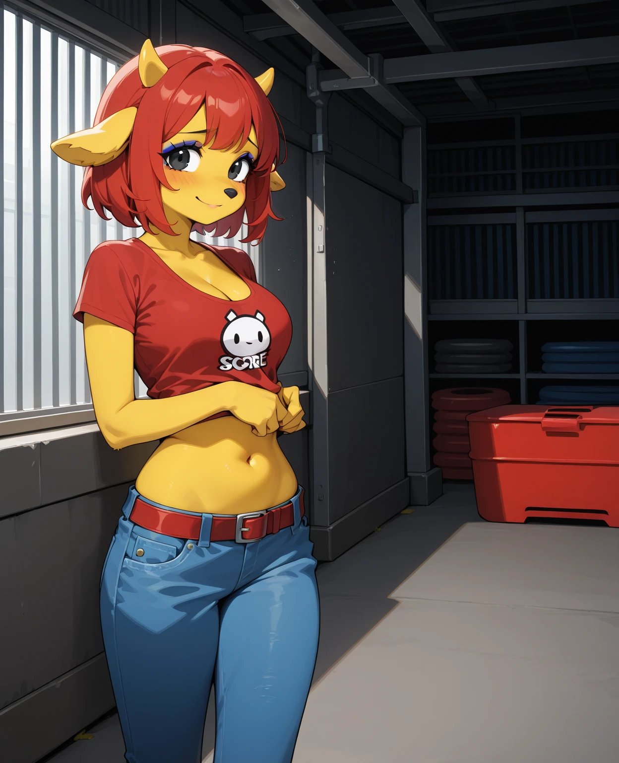 3d,kemono,A female siamese cat furry, ivory fur, siamese cat, (scarlet ponytail hair with parting bangs), sharpen yellow eyes,slender, big breasts, black fur on nose&arms&legs&ears , thick thigh, cropped t-shirts, white pants, butt