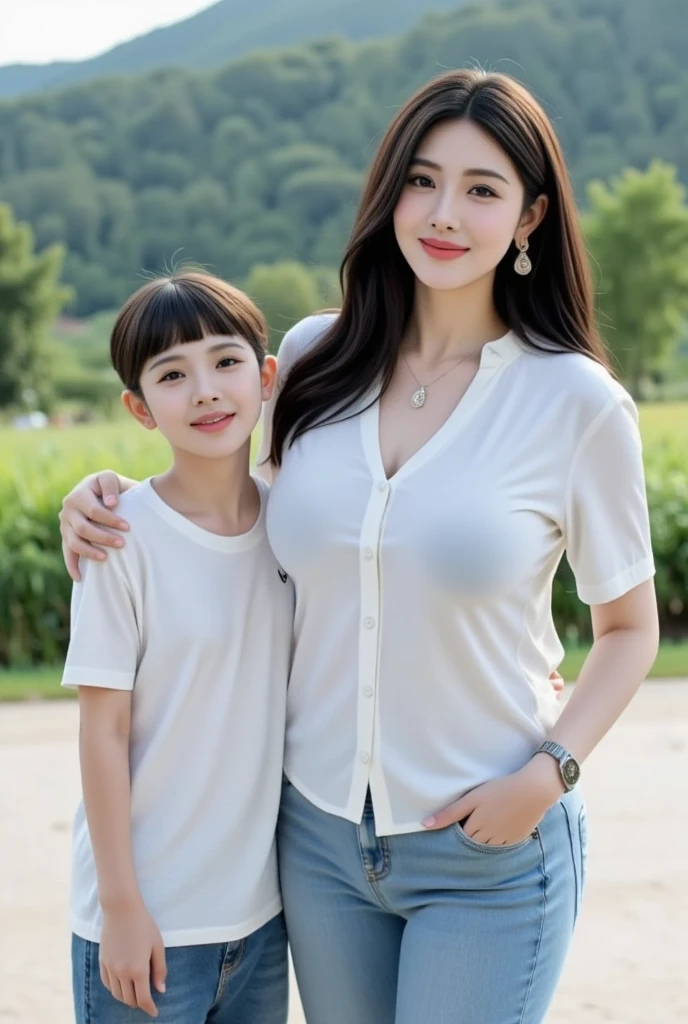 Couple woman in sexy clothes and boy in black shirt, with children, big size, perfect face and boy, Boy height 160 cm, V-chest clothes, Woman height 180 cm, Beautiful sexy korean woman, sexy woman,big breasts,shy boy,woman with thick legs