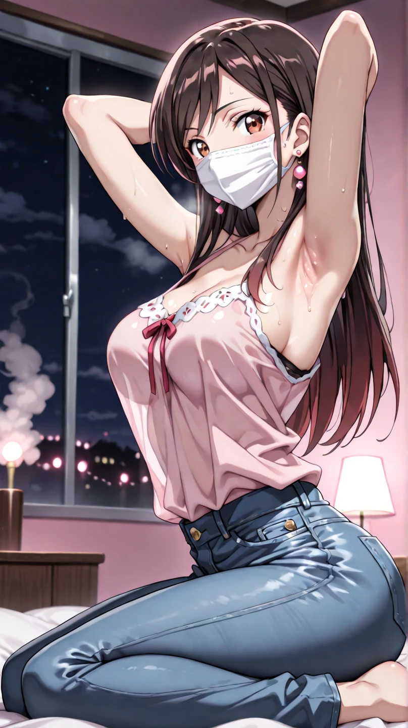 ((masterpiece) (((((Highest quality))))((high resolution))))), Very detailed, Ultra-realistic, )、、Expressionless、、、From below、((Low - Angle))、Cowboy Shot、((PINK vertical striped panties))、()Leg spread、、Pink vertical striped bra、、Pink hair、Big Breasts、((Open shirt))、Rockerーム、Look away、Rocker、Look to the side、School、((Avert your gaze from the front))Changing clothes